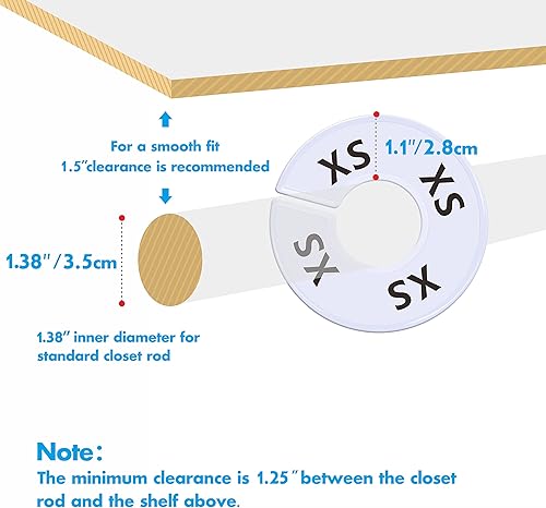 Vista 3 de Paquete de 40 perchas redondas de plástico blanco para ropa para armario, preimpresas en 8 tamaños XXS, XS, S, M, L, XL, XXL, XXXL