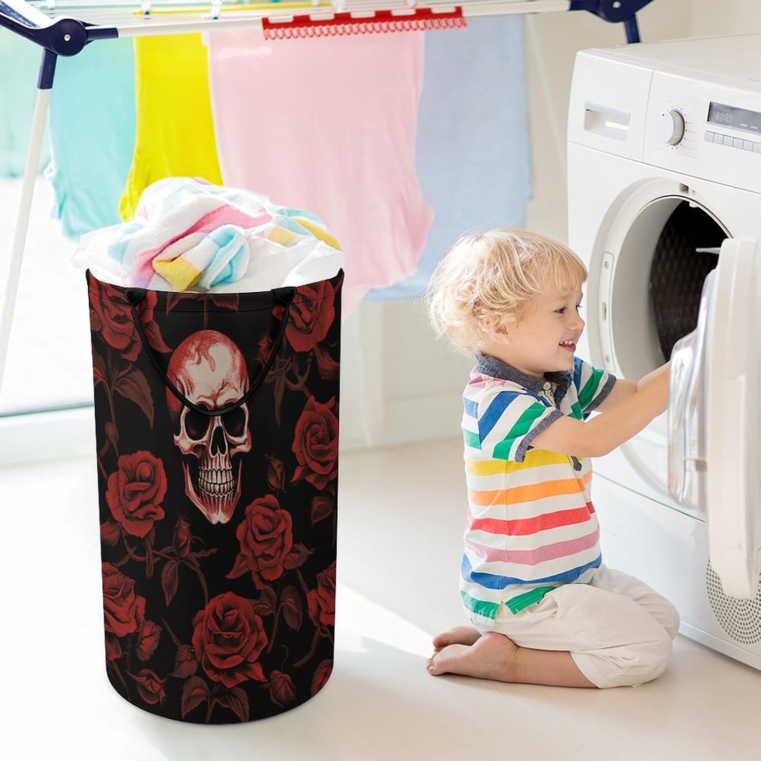 Skull Rose Laundry Hamper Freestanding Waterproof Clothes Hamper with Easy Carry Handles Large Collapsible Laundry Baskets Portable Dirty Clothes Basket