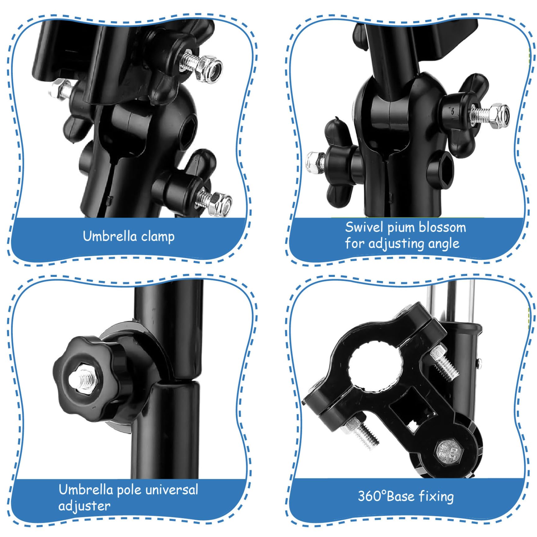 Paraguas de silla de ruedas con abrazadera de paraguas plegable ajustable retráctil de 180 °, soporte de soporte de acero inoxidable con base sin deslizamiento, para cochecito, sillas de rued
