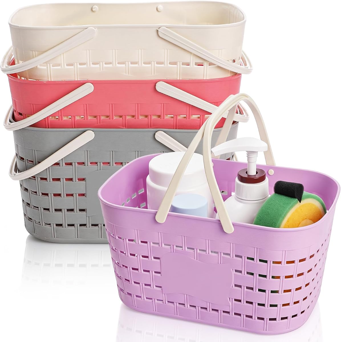 Elsjoy Set of 4 Plastic Shower Caddy Basket, Portable Shower Tote Caddy with Handle and Drainage Holes, Bathroom Carry Caddy for College Dorm, Gym, Camp