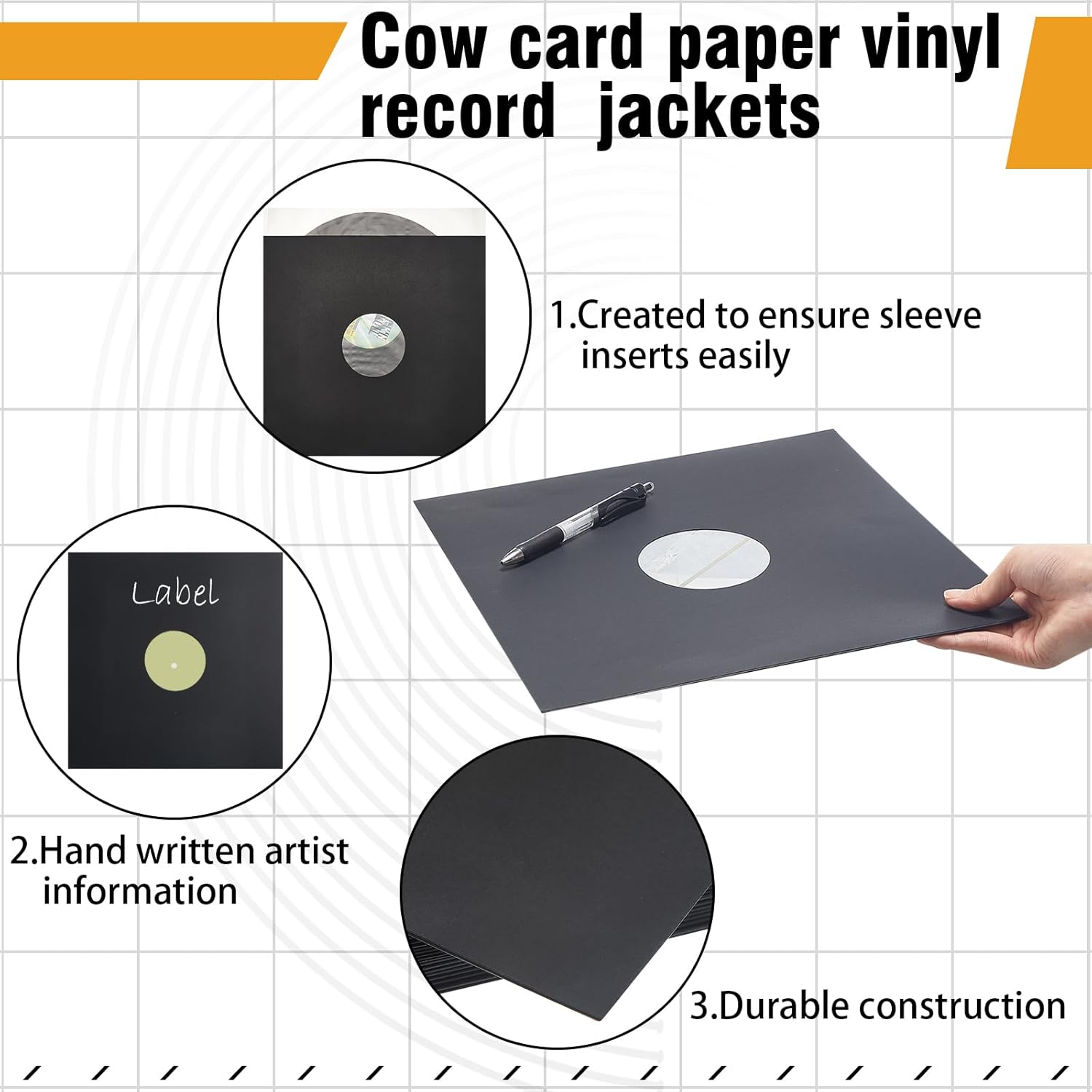 Henoyso 80 Piece 12 Inch Vinyl Record Sleeves Include 40 Pcs Album Covers (350gsm) Record Jackets 40 Pcs Inner Kraft Paper Sleeves for Album Vinyl Records Collections Storage Decorations(Black)