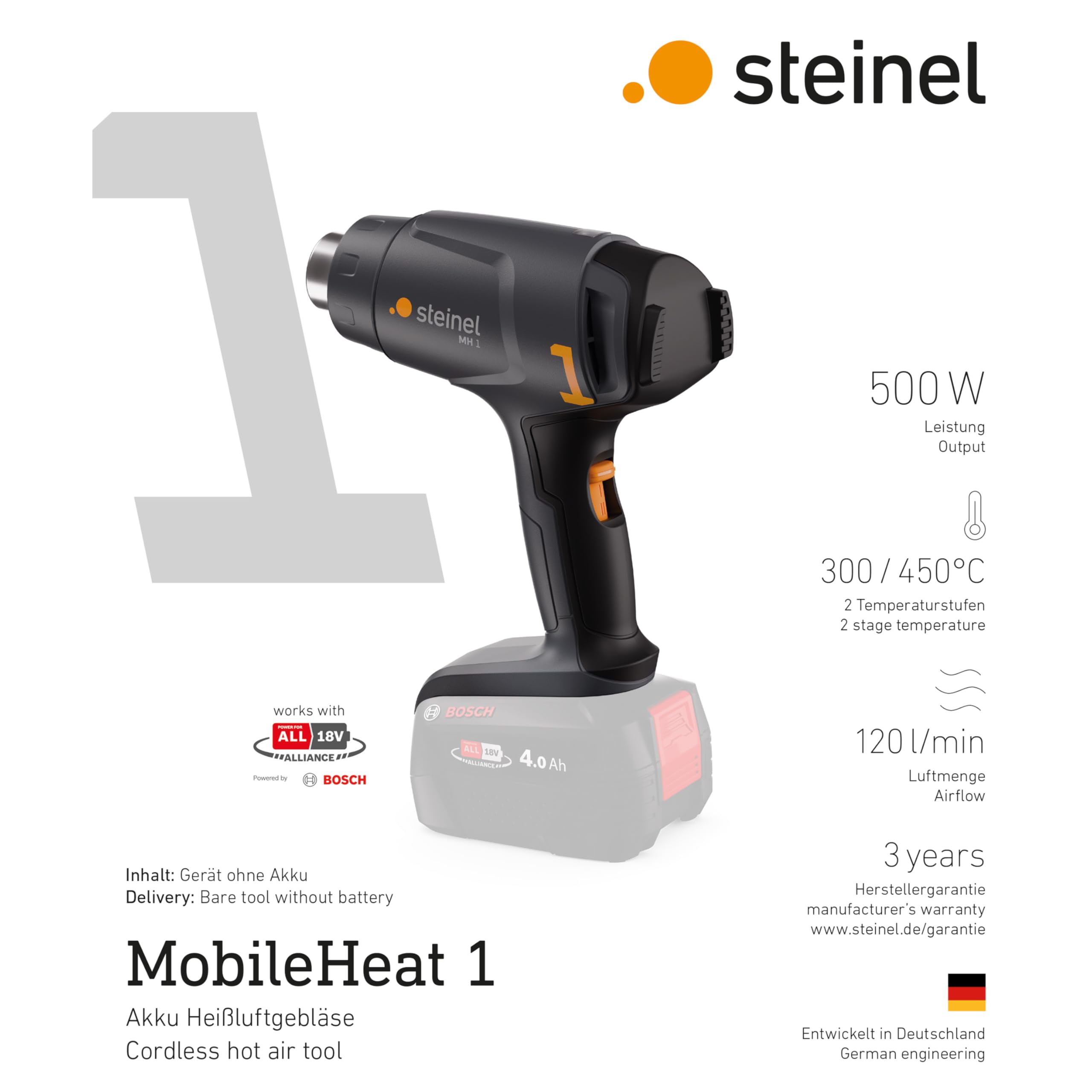 Steinel Pistola de aire caliente sin cable MH 1, sistema Bosch PFA 18V, 2 niveles de temperatura 300°C/450°C, pistola de calor para soldar y retractilar