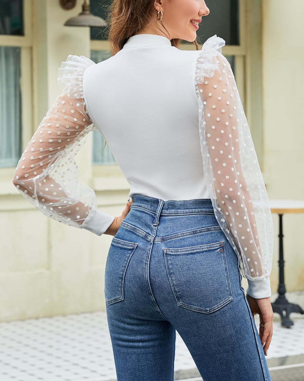 WAYMAKER Women's Mock Turtle Neck Polka Dot Sheer Mesh Puff Long Sleeve Bodysuit Blouses Tops Shirts - Image 5