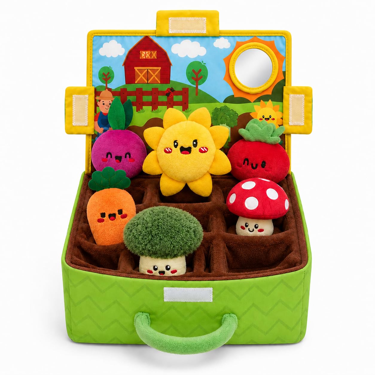 Sensorik Spielzeug Baby, Bauernhof Spielzeug mit Obst und Gemüse, Baby Spielzeug 1 Jahr, Vielseitiges Sinnespflege-Set mit Rassel und Spiegel, für Geburt, den Ersten Erkundungsspaß