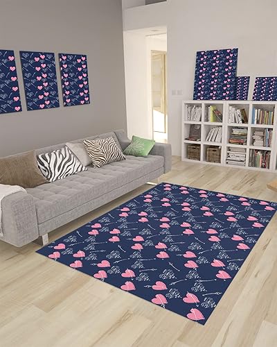 Alfombra grande de 5 x 8 pies, suave, para habitación de niños, antideslizante, diseño de corazón rosa, flecha blanca, azul marino, para interiores,