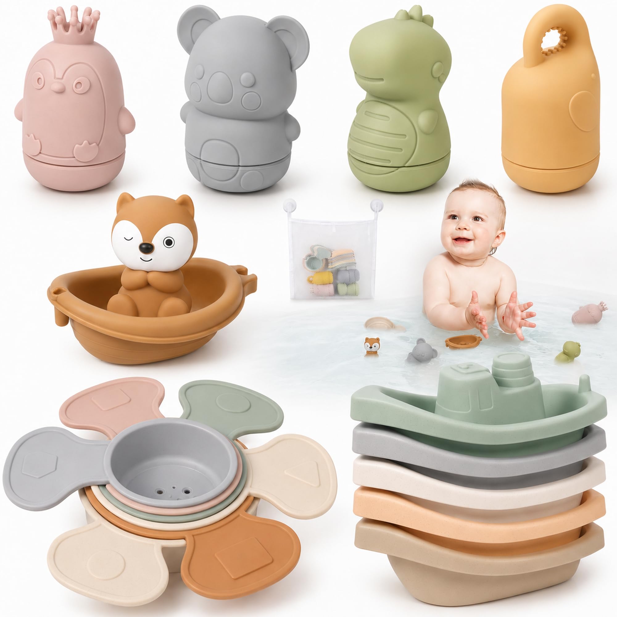 Juguetes Bañera Bebé Antimoho – Set 4 Juguetes de Baño Silicona (Dinosaurio, Pingüino, Koala, Morsa) + Barco con Zorro + 6 Vasos Apilables + 5 Barquitos + Bolsa Malla 37x47 cm para Niños
