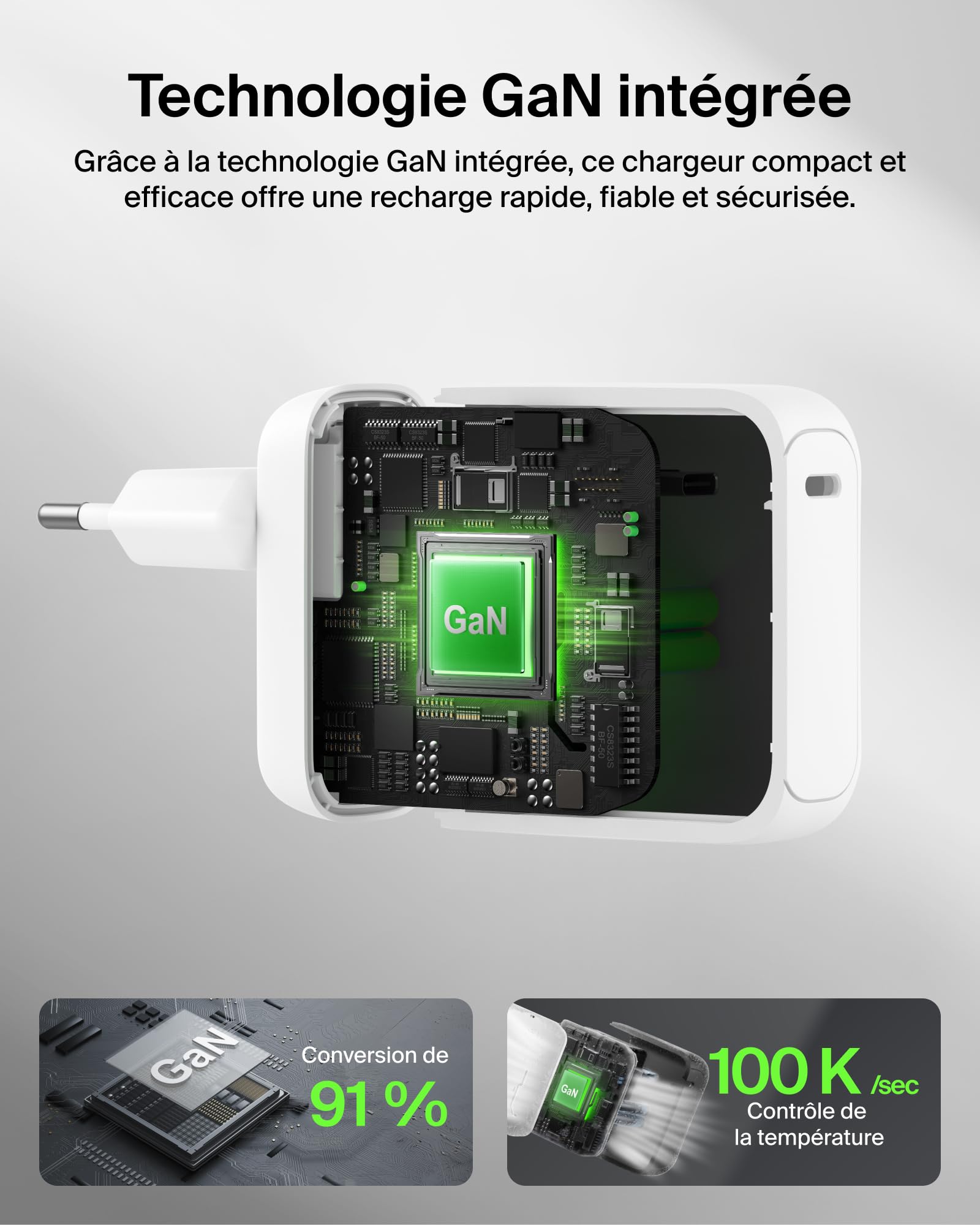 Belkin BoostCharge Chargeur Secteur GaN USB-C 100 W, Chargeur Compact Et Pliable, Recharge Rapide, pour iPhone 17, Samsung Galaxy S26, Pixel 10, Tablette, MacBook, Câble USB-C 1,5 m Fourni - Blanc