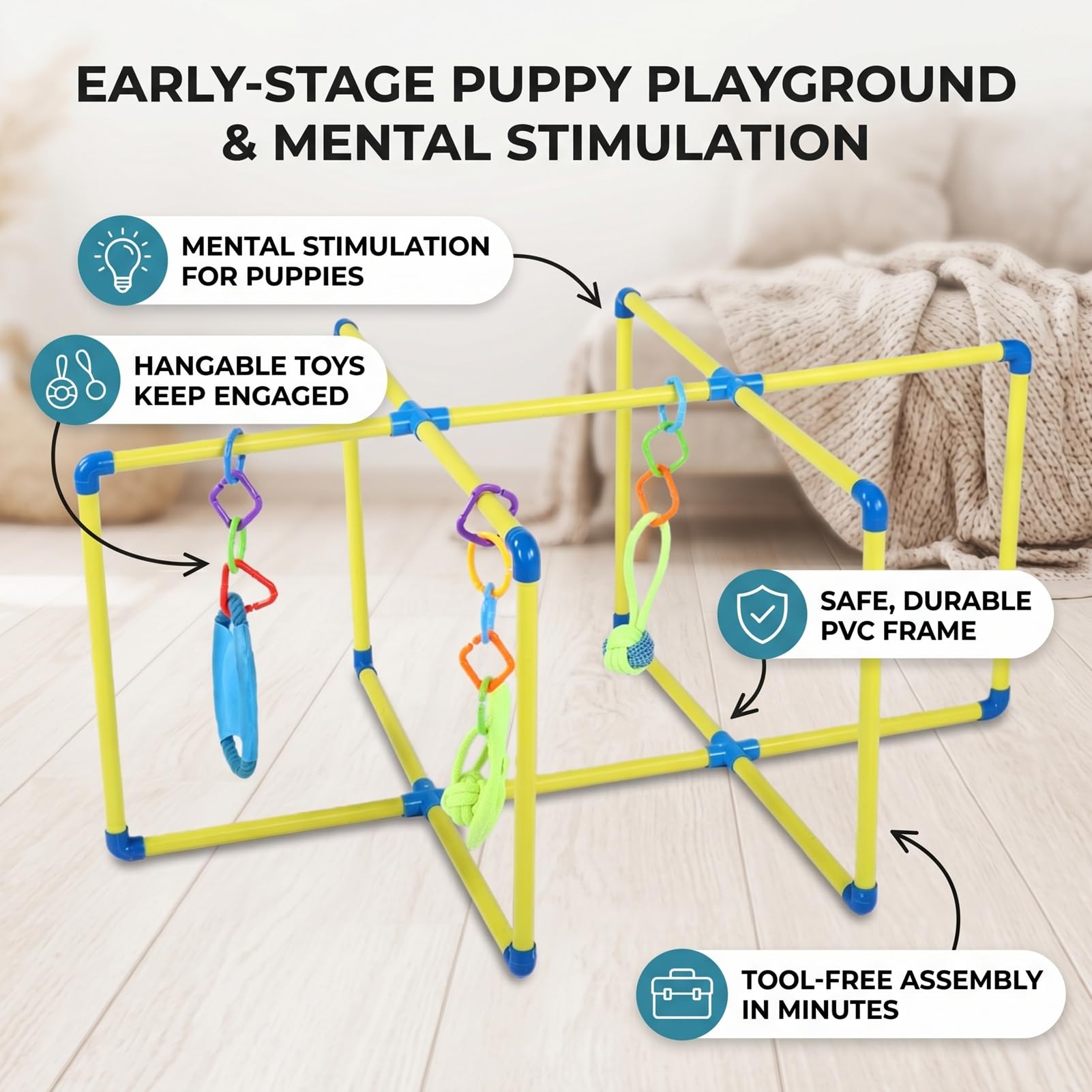 Aktywności Puppy Gym do Treningu w Pomieszczeniu Solidny Plac Zabaw z PVC w Dżungli z Wiszącymi Zabawkami dla Energicznych Zwierząt Żółty Zielony