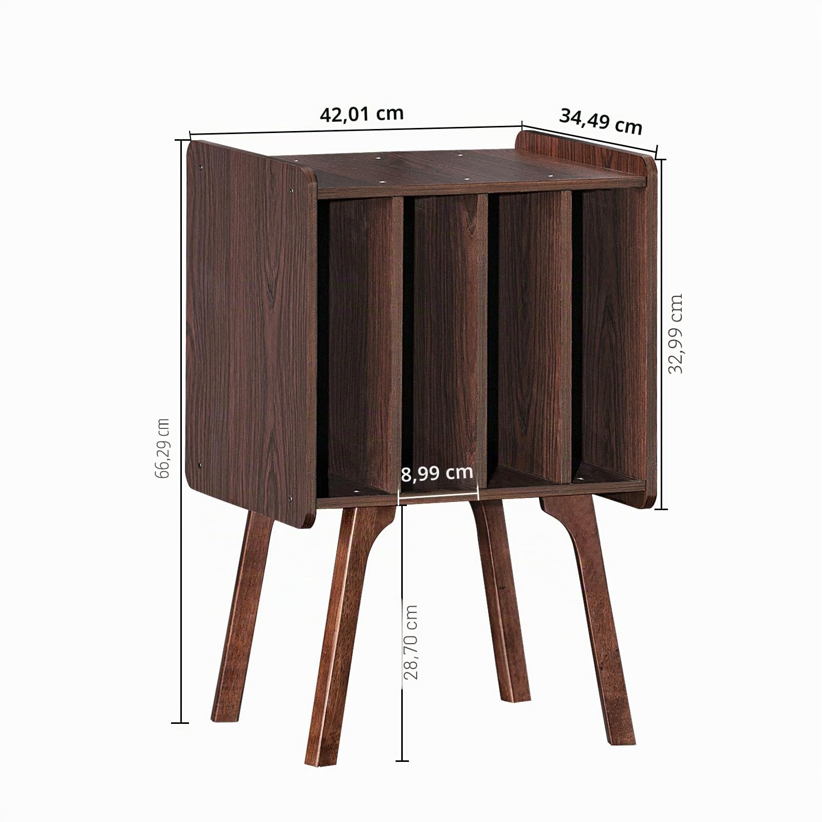 LELELINKY Présentoir à disques en bois avec 4 armoires, table Mid-Century pour tourne-disque vinyle avec pieds en bois massif, peut contenir jusqu'à 100 albums, étagère en vinyle noyer pour chambre à