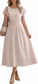 ANRABESS Womens Summer Midi Dress Striped Casual Short Sleeve Crewneck Elastic Waist 2026 Flowy Long Beach Dress with Pockets
