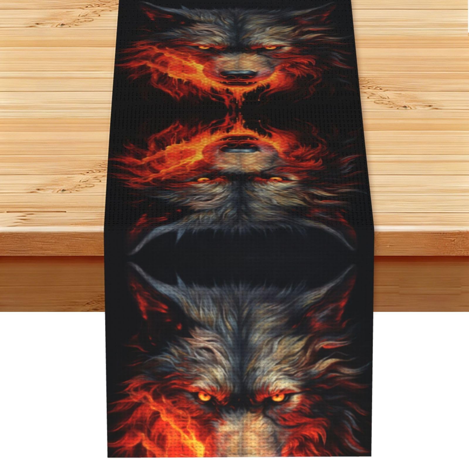 Red Wolf and Fire Linen Feel Table Runner Wedding Party Home Decoration
