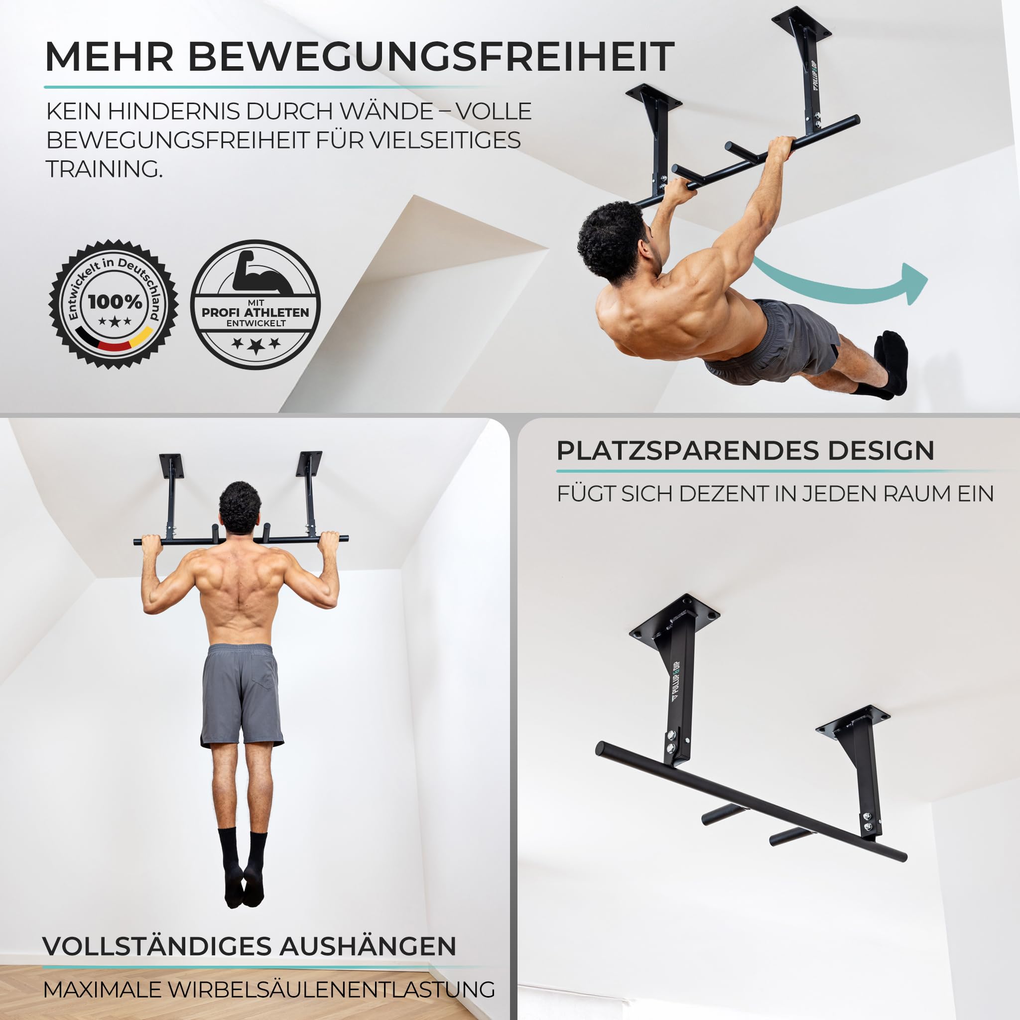 PULLUP & DIP Klimmzugstange für Deckenmontage – Pull Up Bar & Reckstange für das Home Gym – Stabil & belastbar bis 180 kg – 5 Griffpositionen, Anti-Rutsch-Oberfläche – inkl. Klimmzugband & eBook