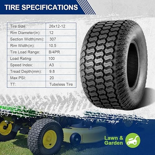 Miniatura 3 de MaxAuto FOX - Juego de 2 neumáticos para cortacésped de césped 26x12.00-12, neumático FOX V2 para jardín, neumáticos para tractor de golf y carrito