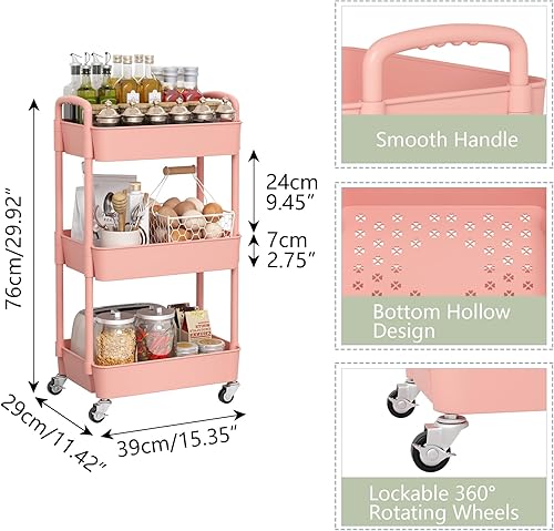 Miniatura 2 de Sywhitta Carrito utilitario de plástico de 3 niveles con asa, carrito de almacenamiento multifuncional para oficina, sala de estar, cocina,