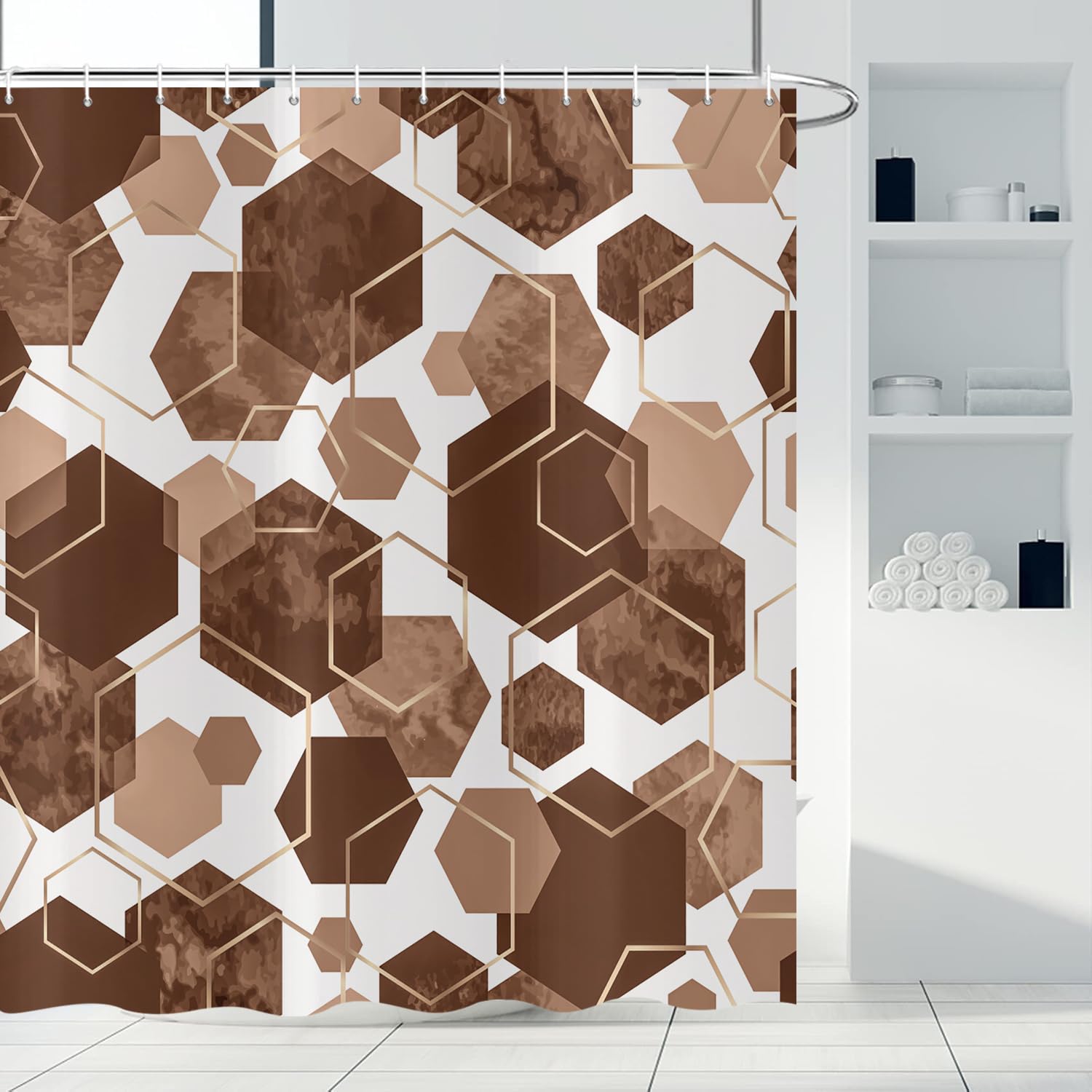 ASDCXZ Brown Duschvorhang 200x180 cm, Modern Abstract Art Geometric Brown Gold Hexagon Pattern Waterproof Bath Curtain Polyester Textile Washable Shower Curtains for Bathtub with 14 Hooks