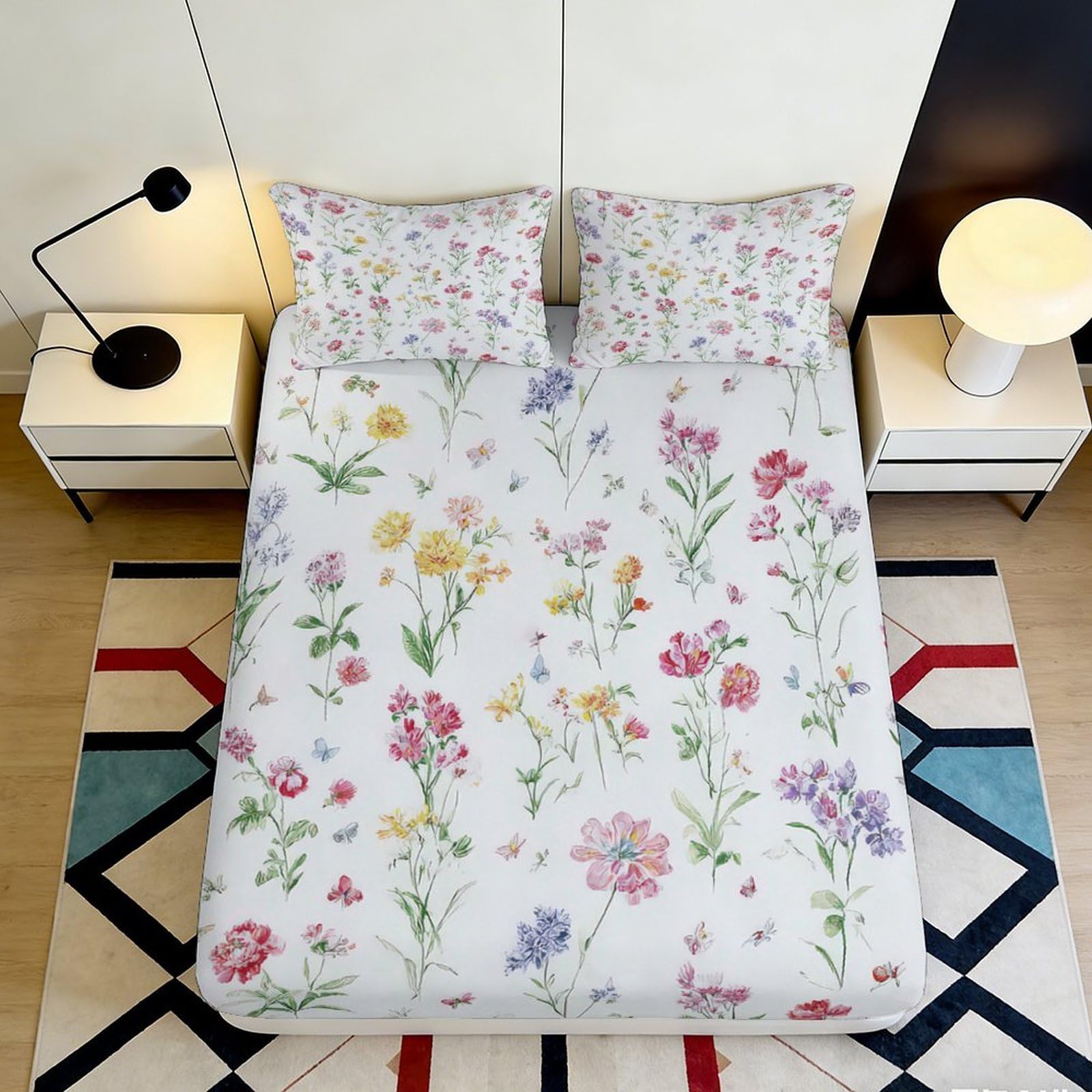 3D Printed Wildflower Bloom Fitted Sheet Microfiber Soft Pastel Meadow Bed Cover for Bedroom Guest Room Decor 90x200x25cm