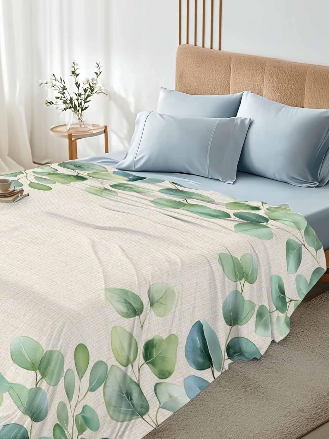 Top Sheet Twin XL Bedding Flat Sheet Only, Vintage Eucalyptus Leaves on Linen Microfiber Bed Sheets Soft Breathable Bedding Flat Sheets, Country Green Leaf Hotel Luxury Top Sheets