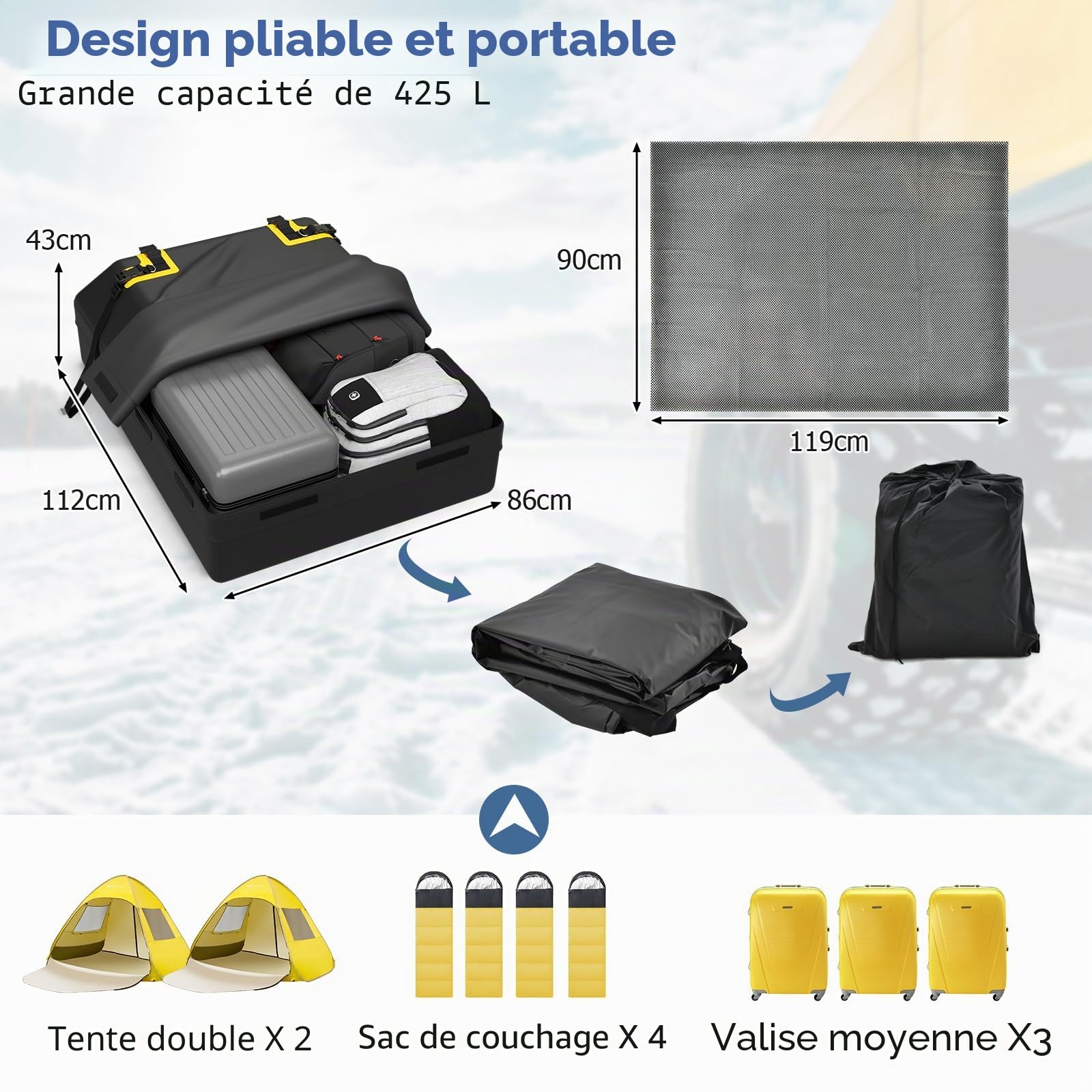 GOPLUS Coffre de Toit Voiture 400L, Sac de Toit Étanche pour Voitures, Coffre à Bagages avec Tapis Antidérapant et 6 Crochets de Porte, Coffre de Rangement pour Voyage et Transport de Bagages (400L)