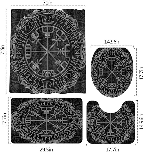 Miniatura 5 de Viking Runic Compass Juego de cortina de ducha de 4 piezas, juego de baño Vegvsir Nordic Celtic Rune negro con cortina de ducha y alfombras,