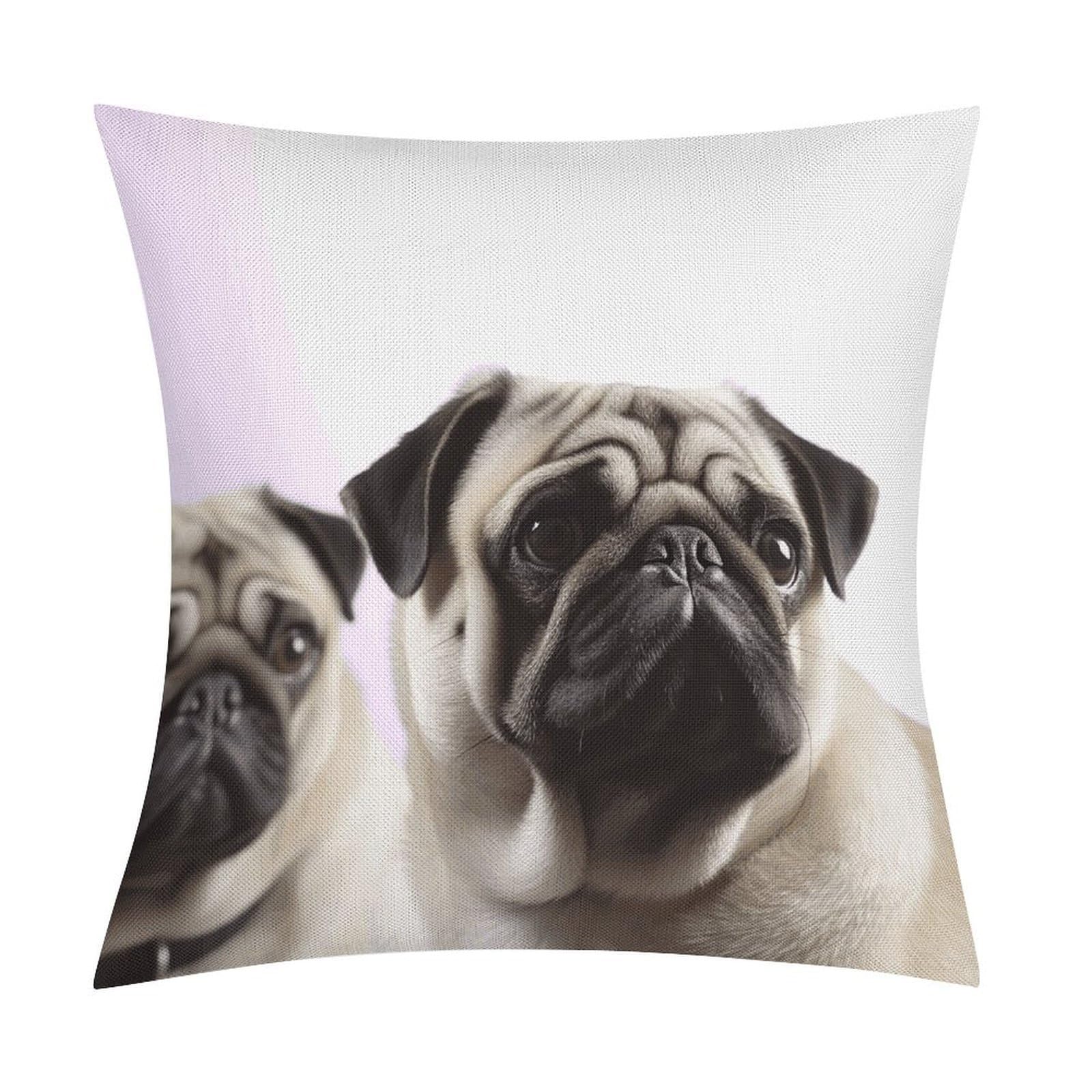 LZQPOEAS Pug Dog Throw Pillow Covers, Waterproof Faux Linen Pillow Cases with Invisible Zipper, Decorative Square Cushion Covers for Sofa Couch Living Room Bedroom 18x18 Inch