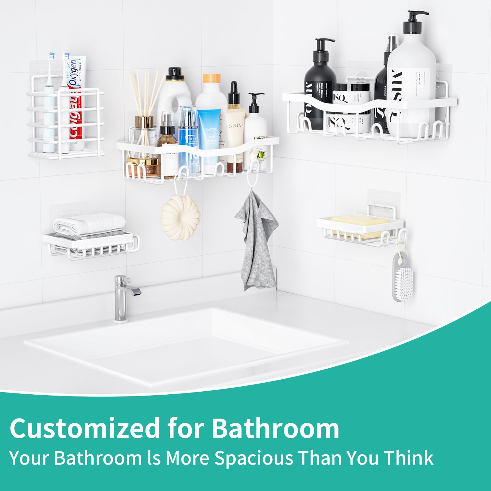 PKBD Rustproof Stainless Steel Shower Caddy 5 Pack, Bathroom Storage Accessory Shelf Organiser No Drilling Hanging - Image 3