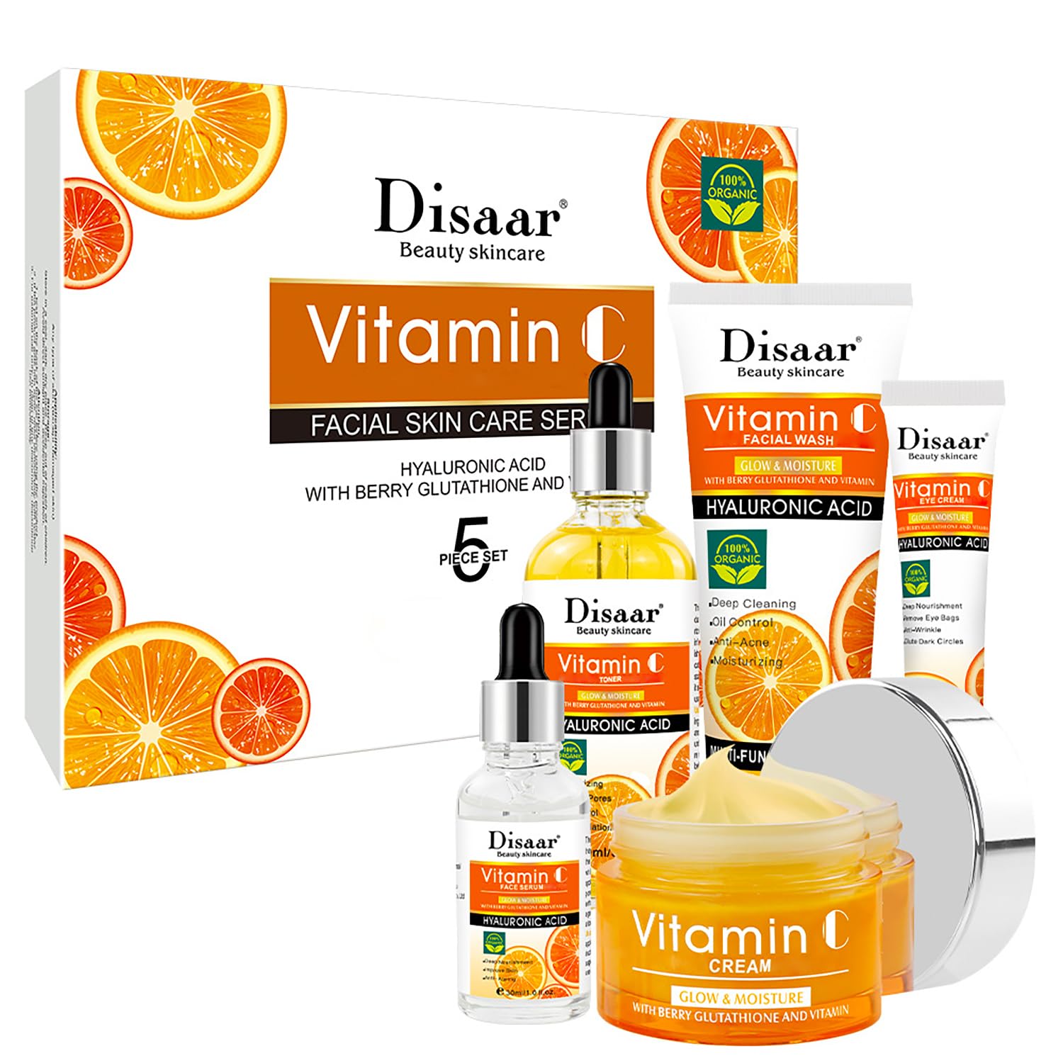 DISAAR BEAUTY Vitamin C Orange Extract Facial Skin Care Hyaluronic Acid Berry Glutathione Facial Wash Toner Serum Eye Cream 100ml+100ml+30ml+50ml+25ml 5PCS Gift Box Set