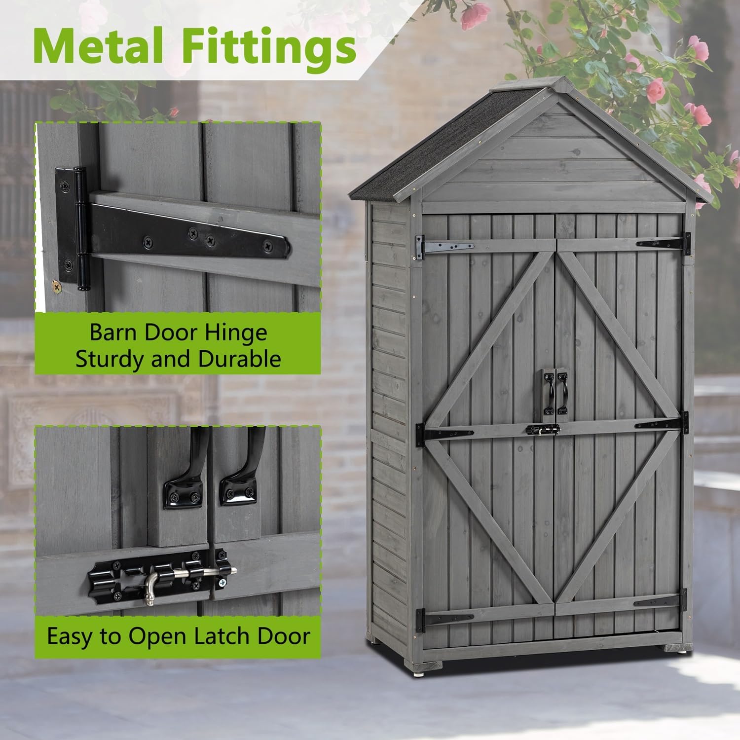 Outdoor Wooden Storage Cabinet, Garden Wood Tool Shed, Outside Wooden Shed Closet with 3 Detachable Shelves, Waterproof Roof, and Latch for Yard Patio Lawn Deck (Grey)