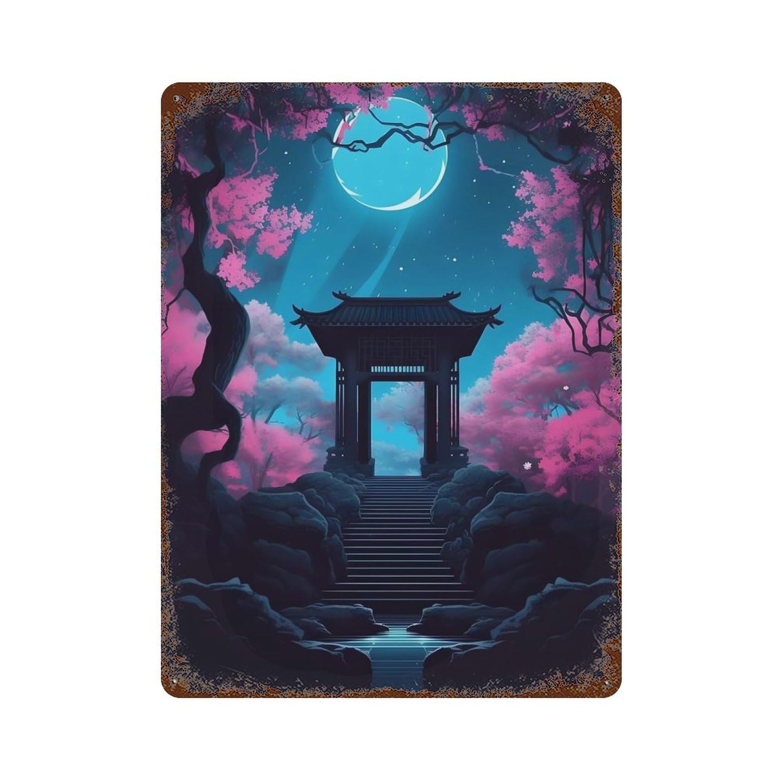 Rustic Tin Plaque with Japan Gate Night Design 15.7"x11.8", for Cafe, Home Bar And Lounge Decor, Industrial Home Decor