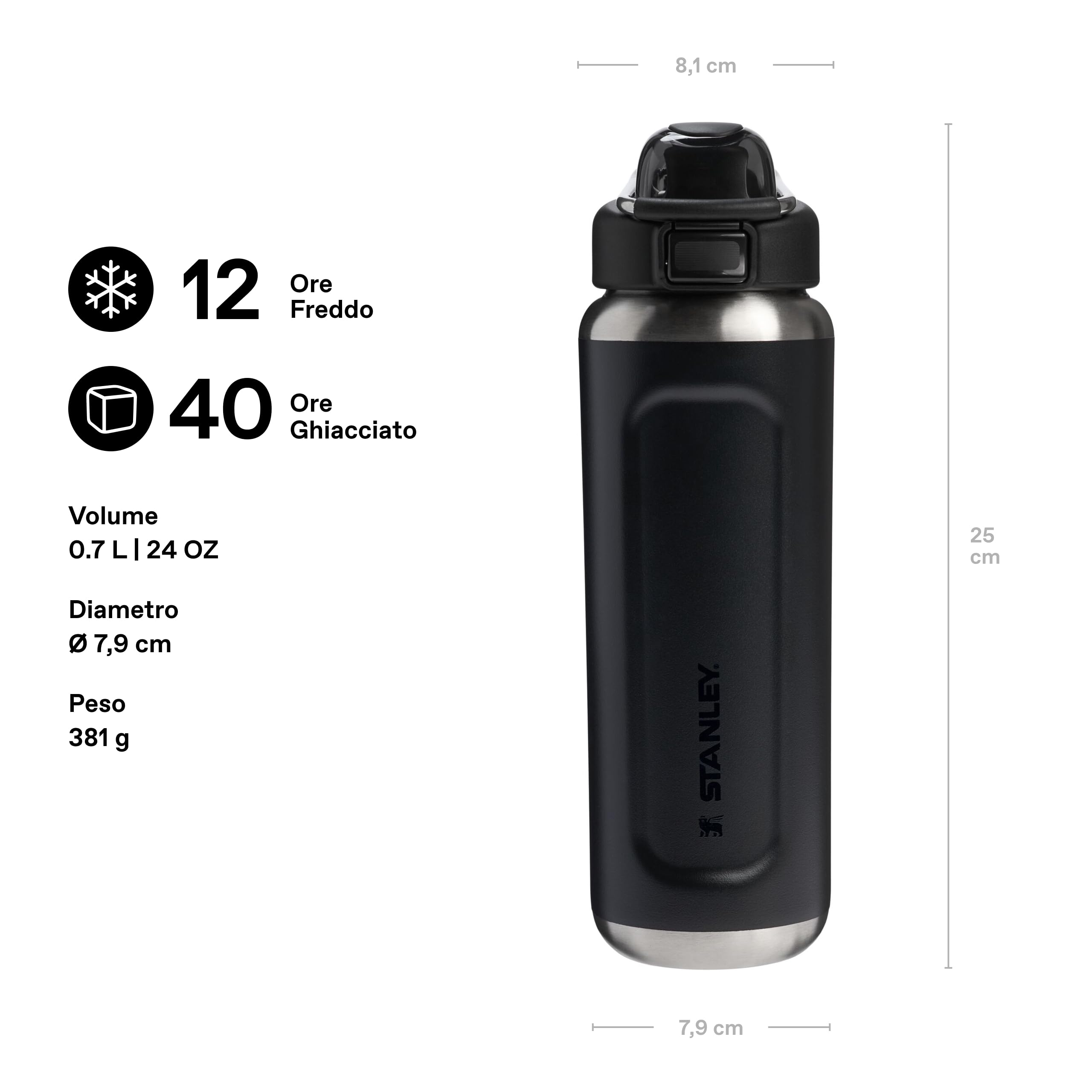STANLEY 1913 Wellspring Bottle 0.7L - Black 2.0 | 12 Ore Di Freddo - 40 Ore Di Ghiacciata - Senza BPA - Acciaio Inossidabile Riciclato - A Prova Di Perdite