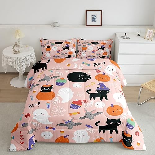 Juego de edredón con estampado de calavera y fantasma para niños y niñas, lindo edredón de fantasma, tamaño matrimonial, juego de ropa de cama de