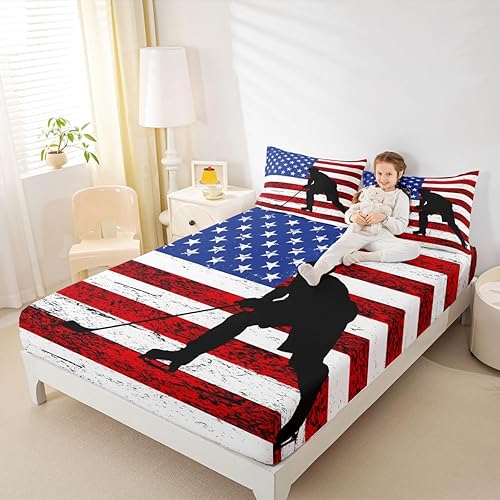 Erosebridal American Flag Fitted Sheet Twin, Hockey Bedding Set United States Sports Games Bed Sheets for Kids Boys Teens Bedroom, Red White