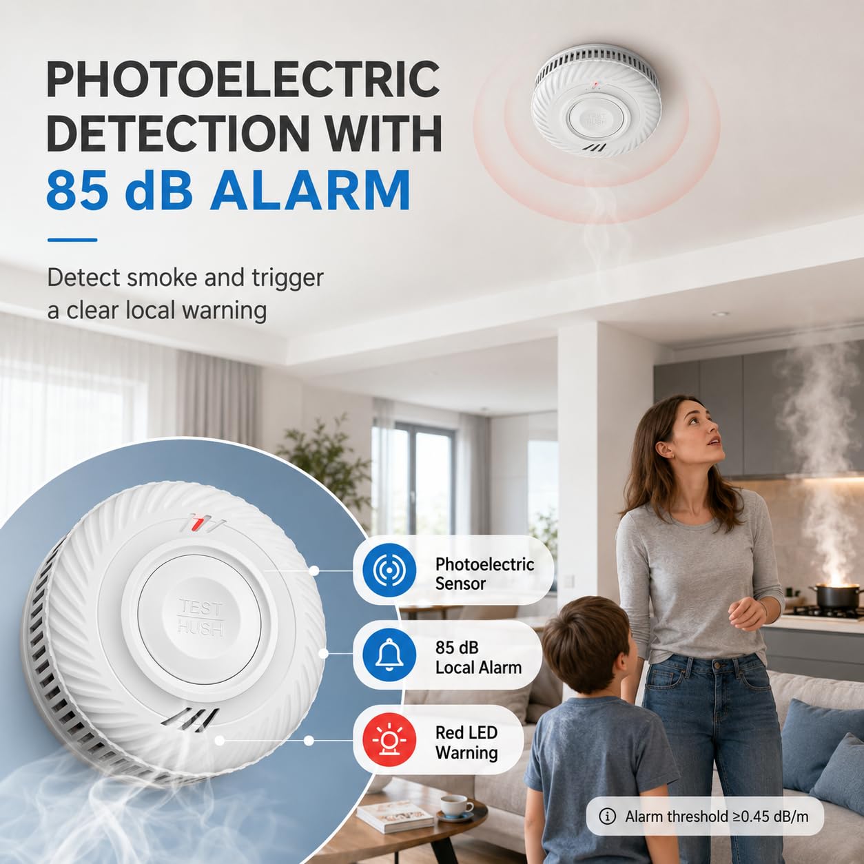 Détecteur de fumée Intelligent, détecteur de fumée Wi-FI avec capteur photoélectrique, détecteur d'incendie Conforme à EN14604, Compatible avec Tuya/Smart Life APP, 10 Ans Batterie 2-Pack