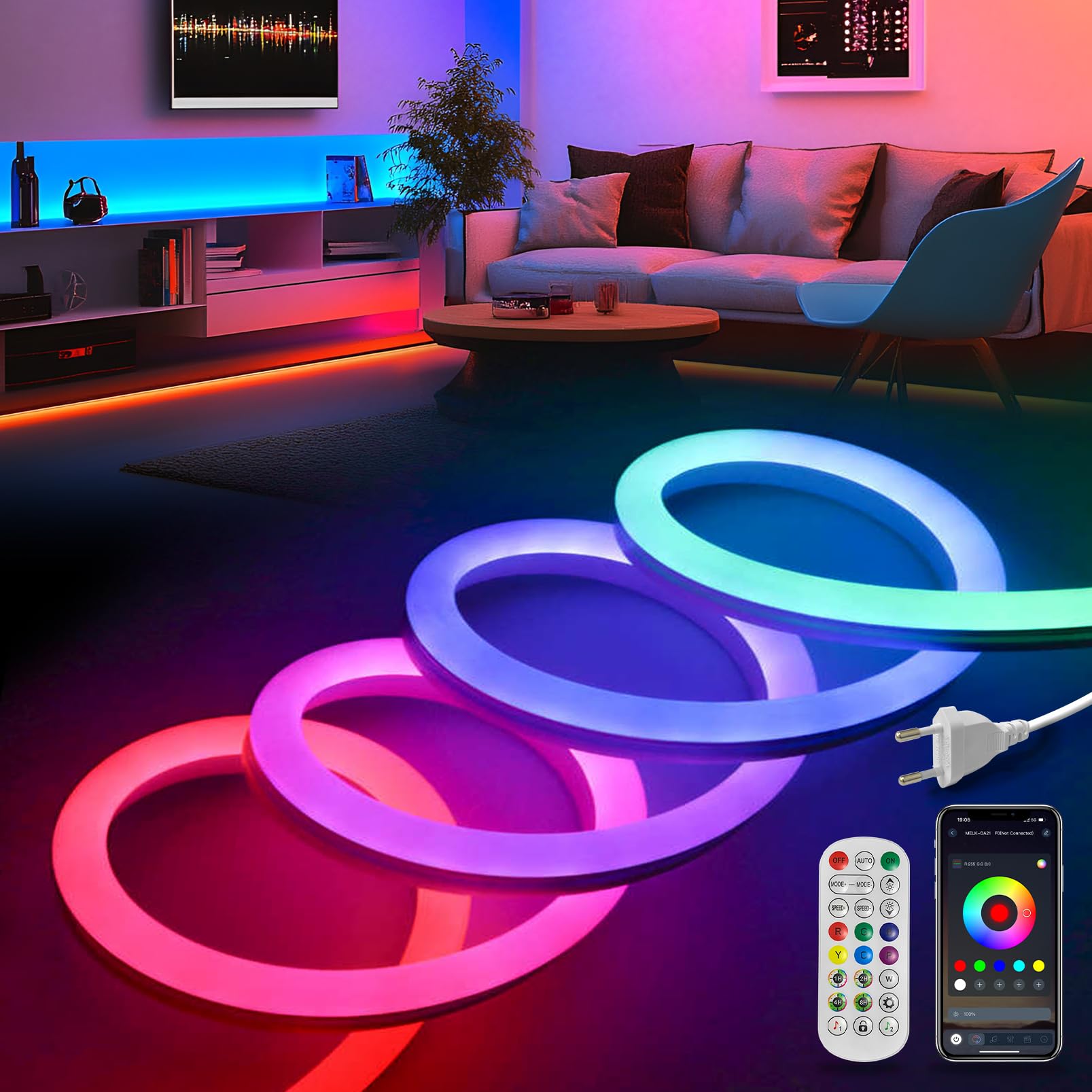 KSIBNW LED Neon Strip 10m, RGBIC Tira de LED Control con App & Mando a Distancia Impermeable IP65 Flexible Neón Luces Led Habitacion Sincronización Música Strip Light para Decoración Navidad, Fiestas