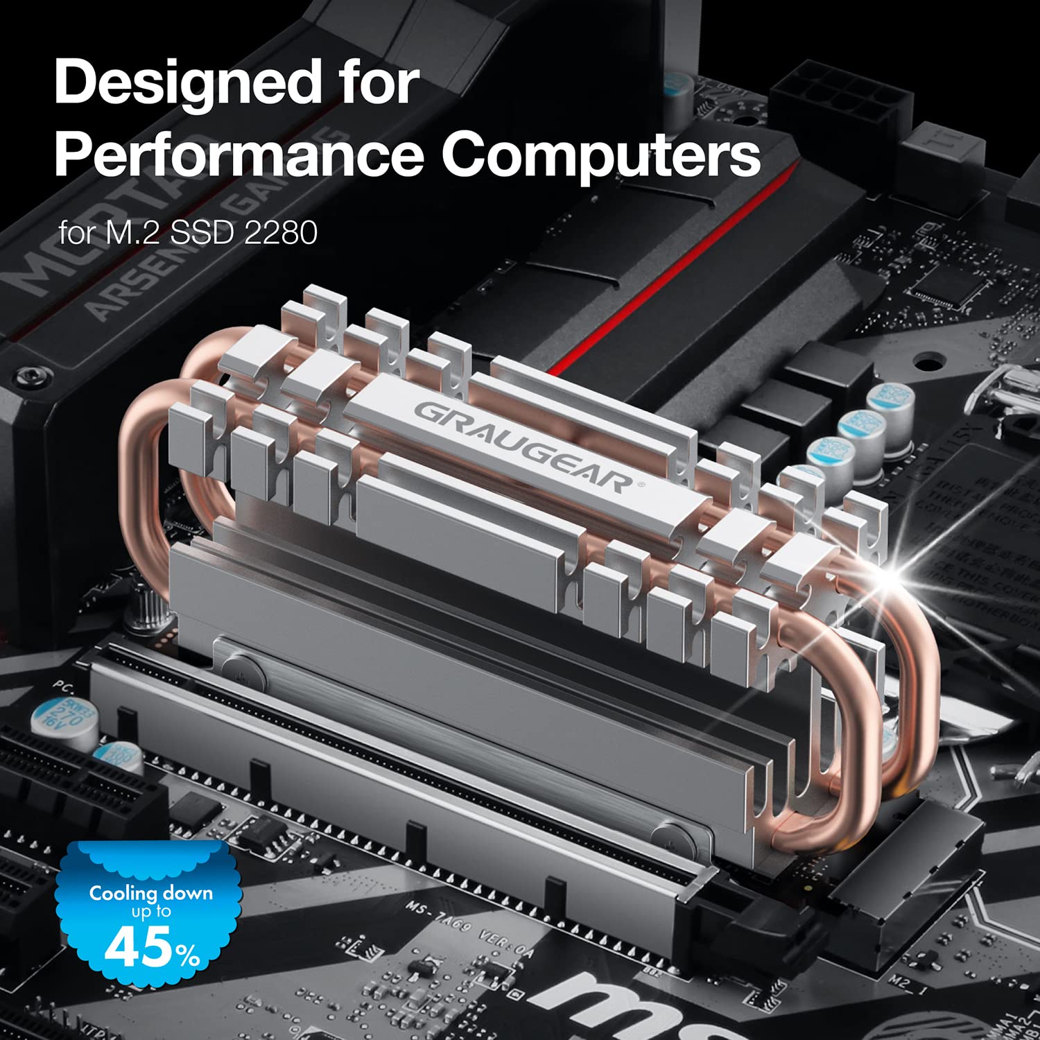 GRAUGEAR M.2 2280 NVMe SATA SSD radiator, bezpośredni dotyk Heatpipe, podwójne miedziane rury cieplne, konstrukcja płyty ze stopu aluminium, 2 podkładki przewodności cieplnej w zestawie, wysokość 3,4