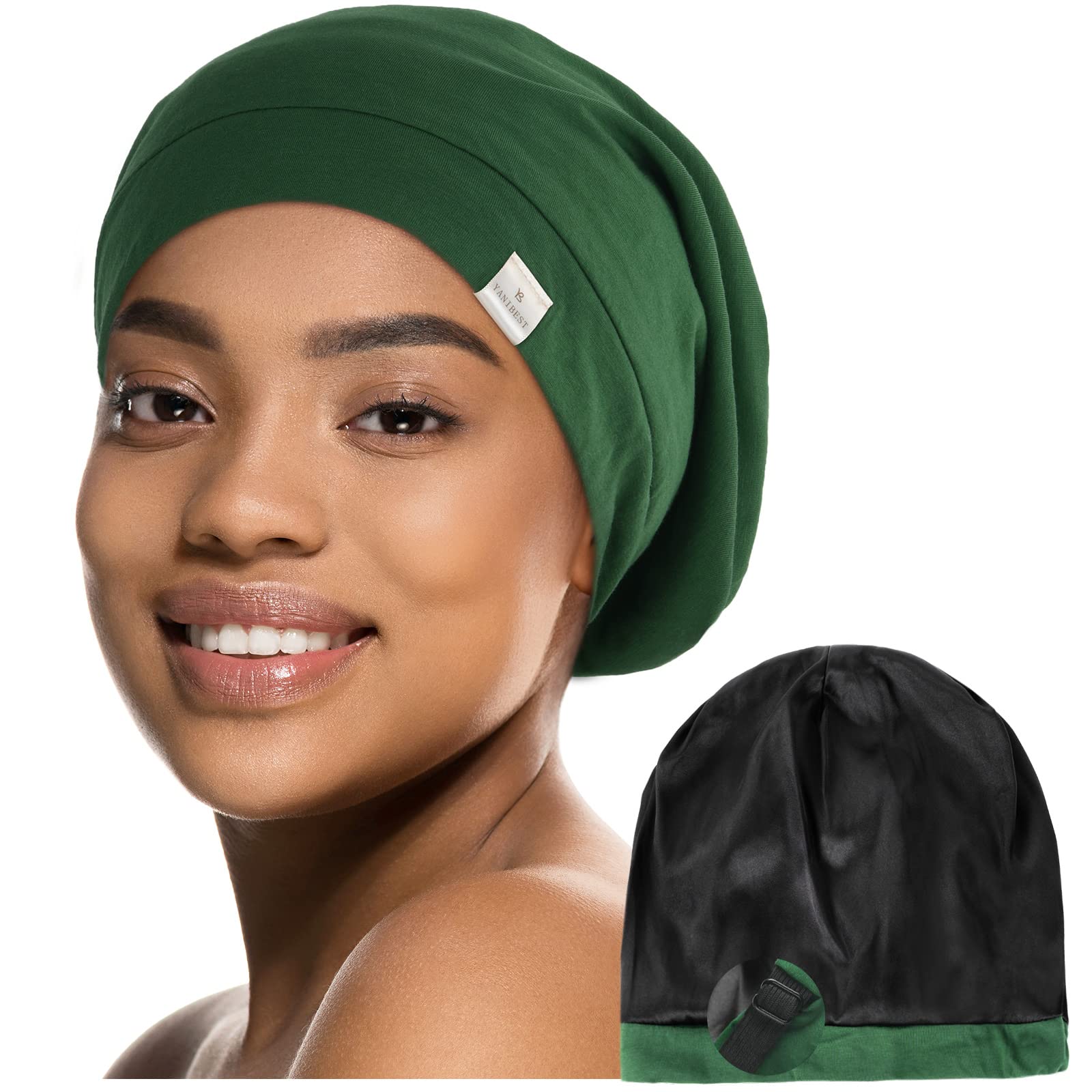 YANIBEST Silk Satin Bonnet Hair Cover Sleep Cap -Pine Green Adjustable Stay on Silk Lined Slouchy Beanie Hat for Night Sleeping (B092JGSR53) Amazon Price History, Amazon Price Tracker