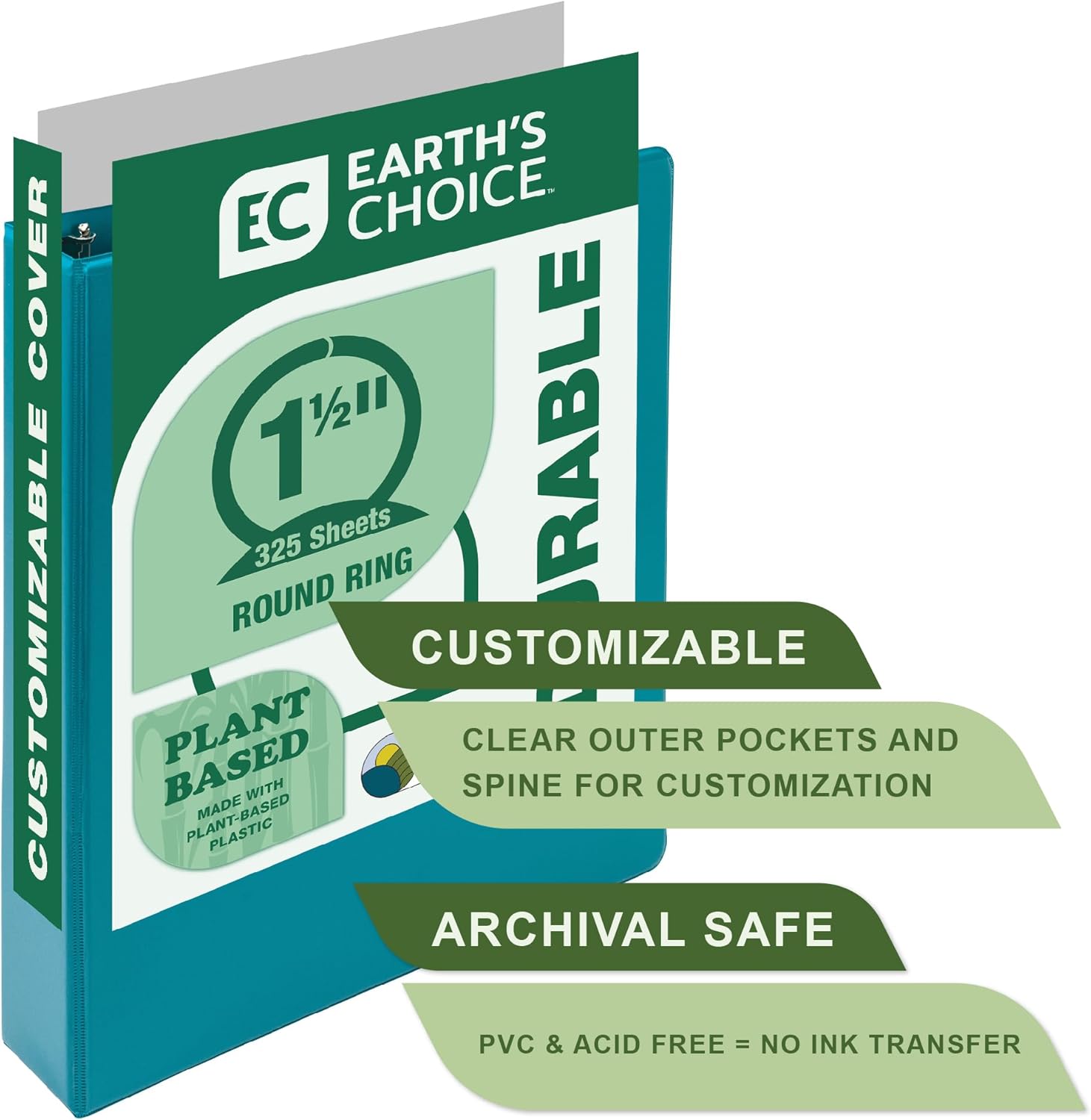 Samsill Plant-Based 1.5 Inch Durable Round Ring, View Binder, Eco-Friendly, USDA Certified Biobased, 2 Count,Pack of 1, Turquoise