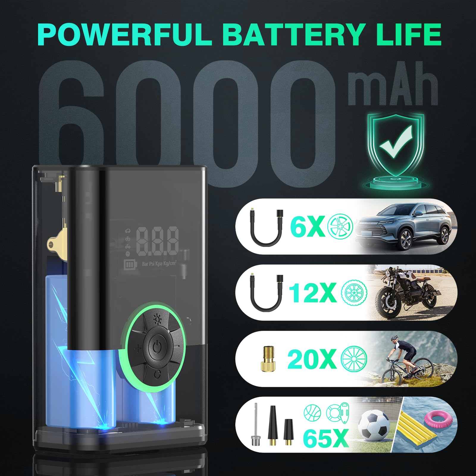 6000mAh Tragbare Elektronische Luftpumpe,150PSI Fahrradpumpe Elektrisch, Akku Kabelloser Tragbarer Luftkompressor Portable Electric Air Compressor, Pumpe für Auto,-Tiefschwarz