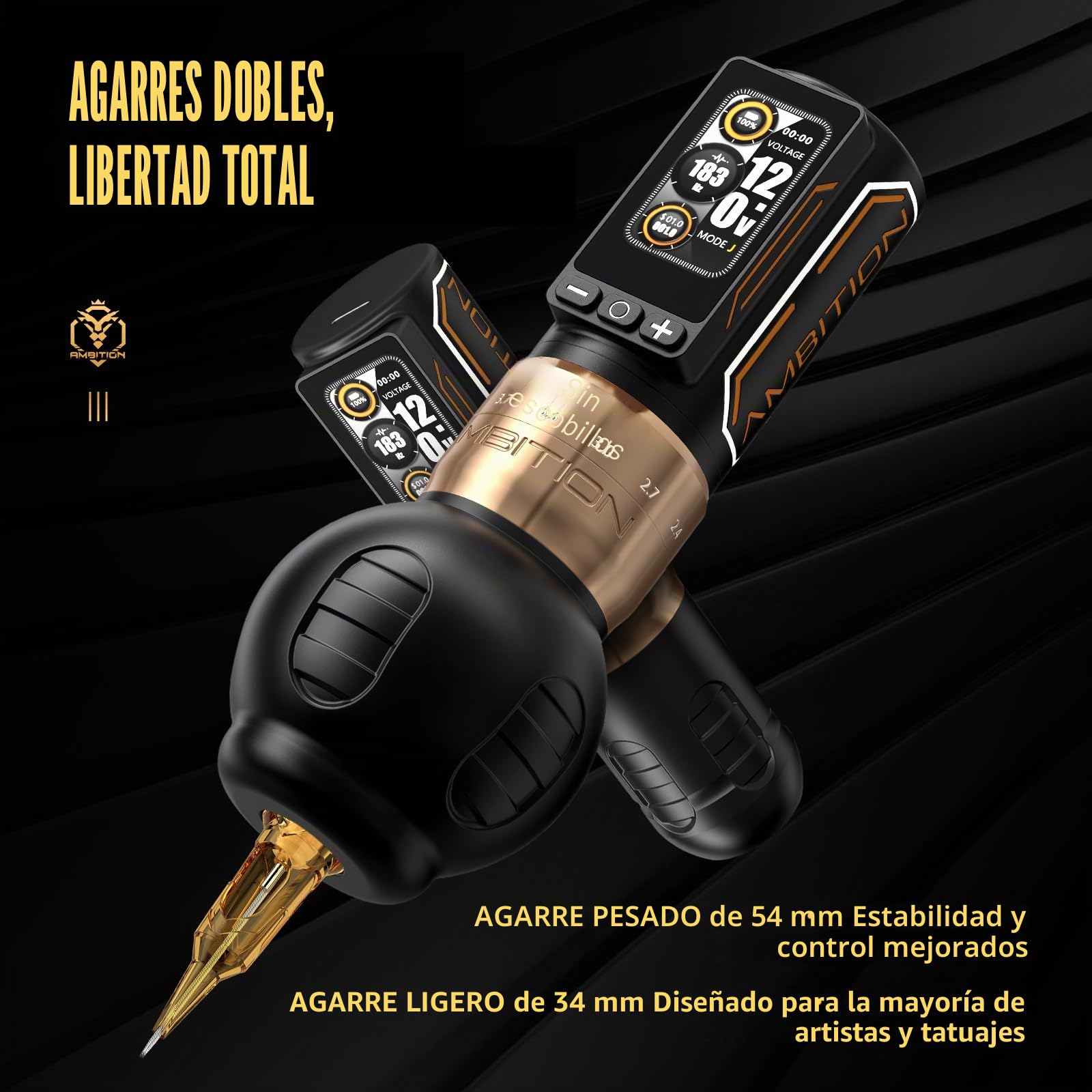 Ambition Maquina de Tatuarr Inalámbrica - Ninja Max 280 con Motor Brushless 280 g·cm, 7 Niveles de Carrera Ajustable (2.4-4.5mm), Dual Batería 2400mAh, Empuñaduras 54mm & 32mm para Profesionales