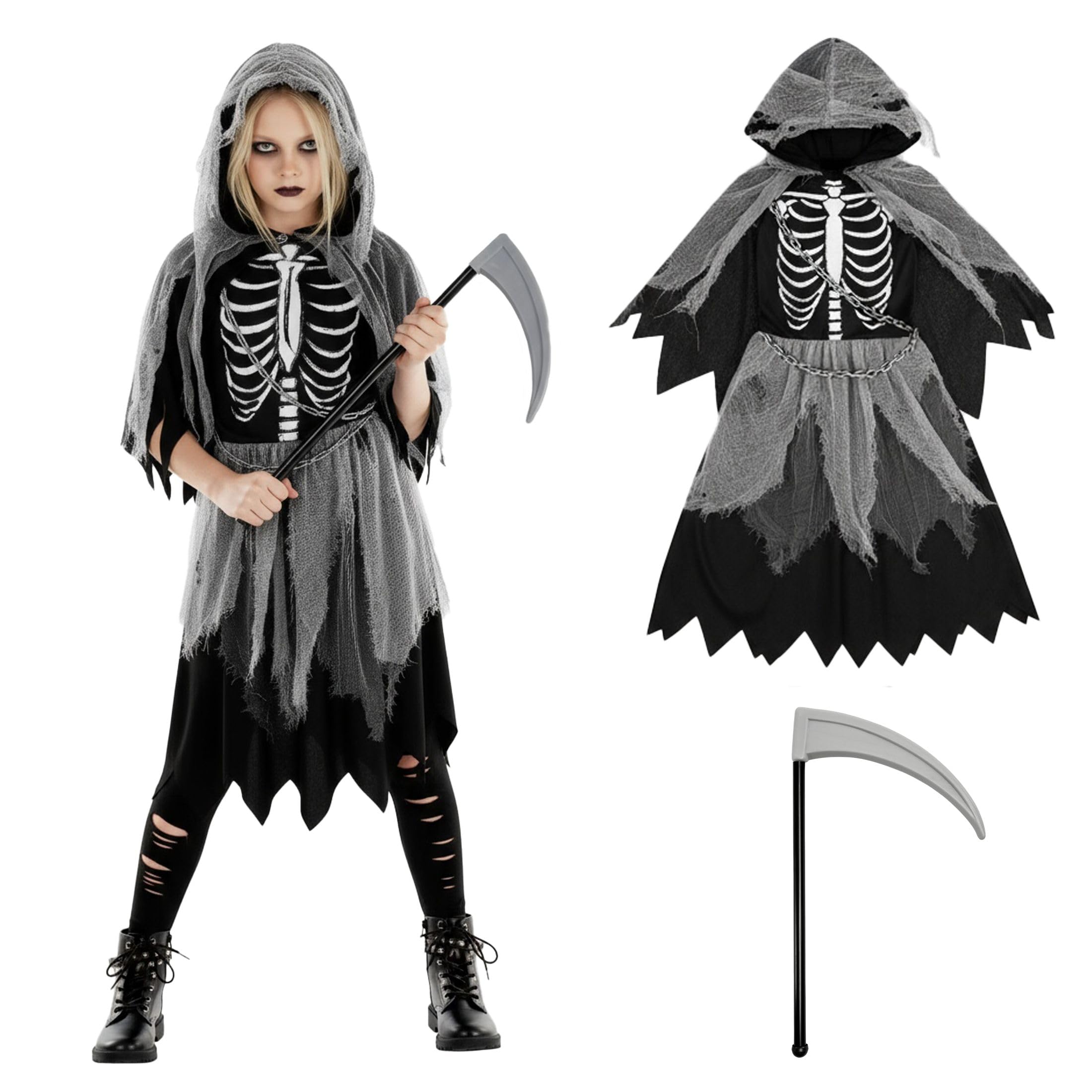 Costume Da Tristo Mietitore Per Halloween – Mantello, Falce, Maschera E Guanti, Set Completo