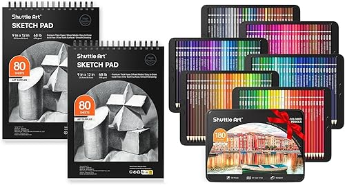 Shuttle Art Lápices de colores y bloc de bocetos, juego de 180 lápices de colores + 160 hojas de libros de bocetos de artistas