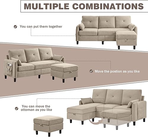 Miniatura 6 de Sofá modular convertible de 77 pulgadas, moderno sofá en forma de L de 3 asientos con otomana reversible y bolsillo de almacenamiento, sofás