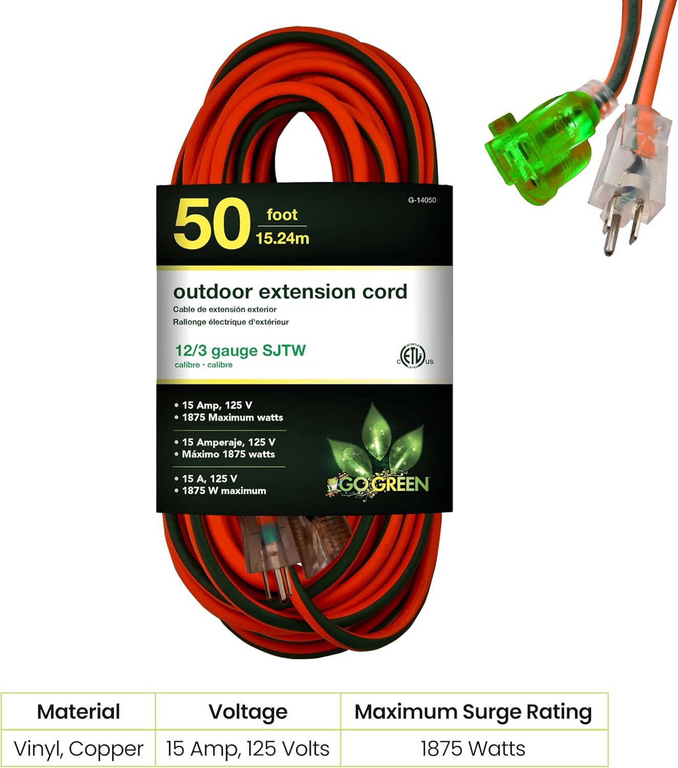 Go Green Power Inc. (G-14050) 12/3 SJTW Outdoor Extension Cord, Lighted End, 50 ft
