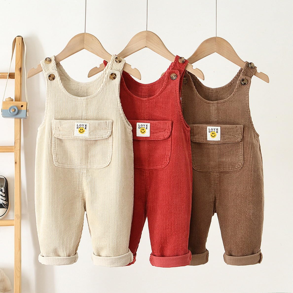 Salopette unisex in cotone per bambini in velluto a coste Salopette senza maniche solida per bambini Salopette con bottoni a righe per bambini Pantaloni con bretelle Pantaloni interi