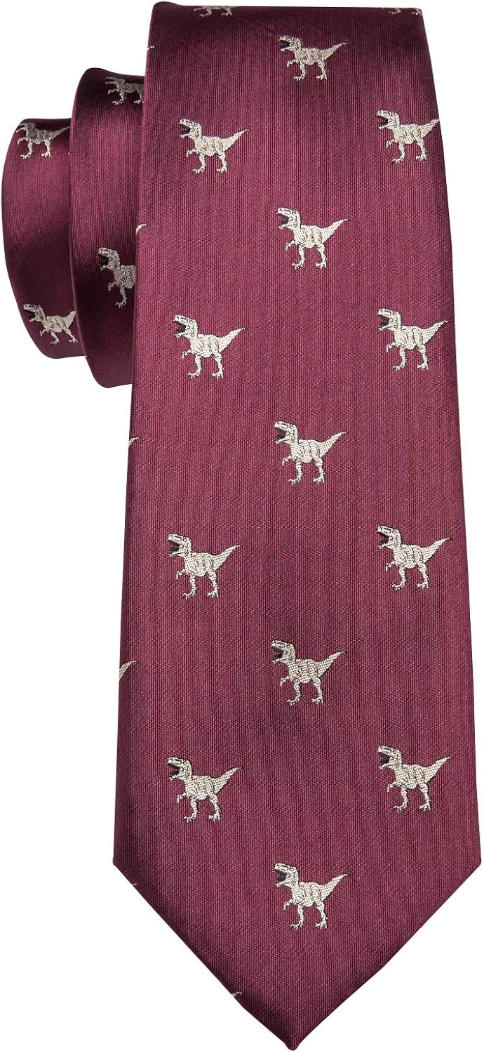 Barry.Wang Fun Animal Ties for Men Designer Handkerchief Cufflink WOVEN Casual Necktie Set A Burgundy Dinasour