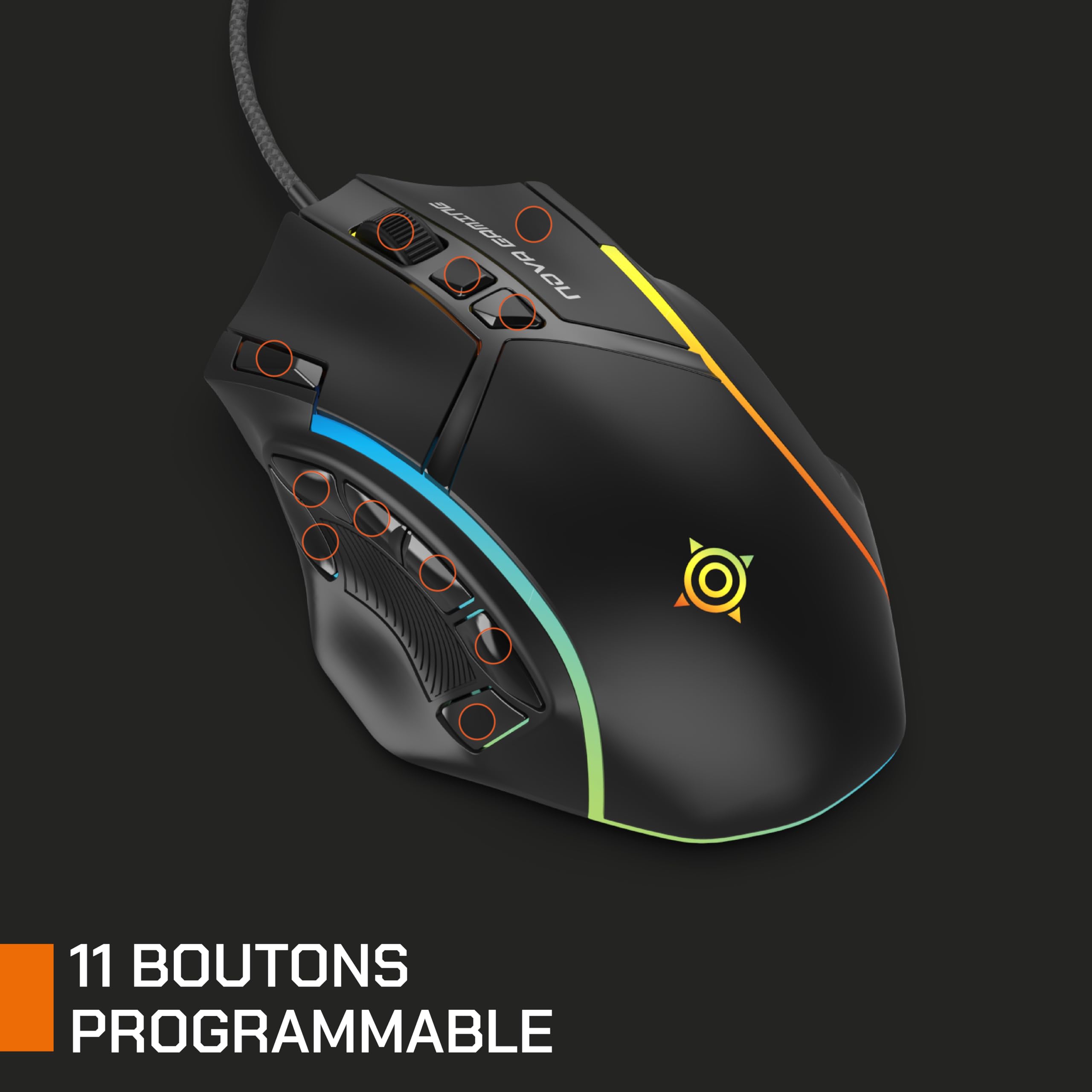 NOVA GAMING – Virgo – Mouse Gaming Cablato RGB Programmabile – Peso Regolabile, Software di Personalizzazione, DPI regolabile, 13 animazioni LED