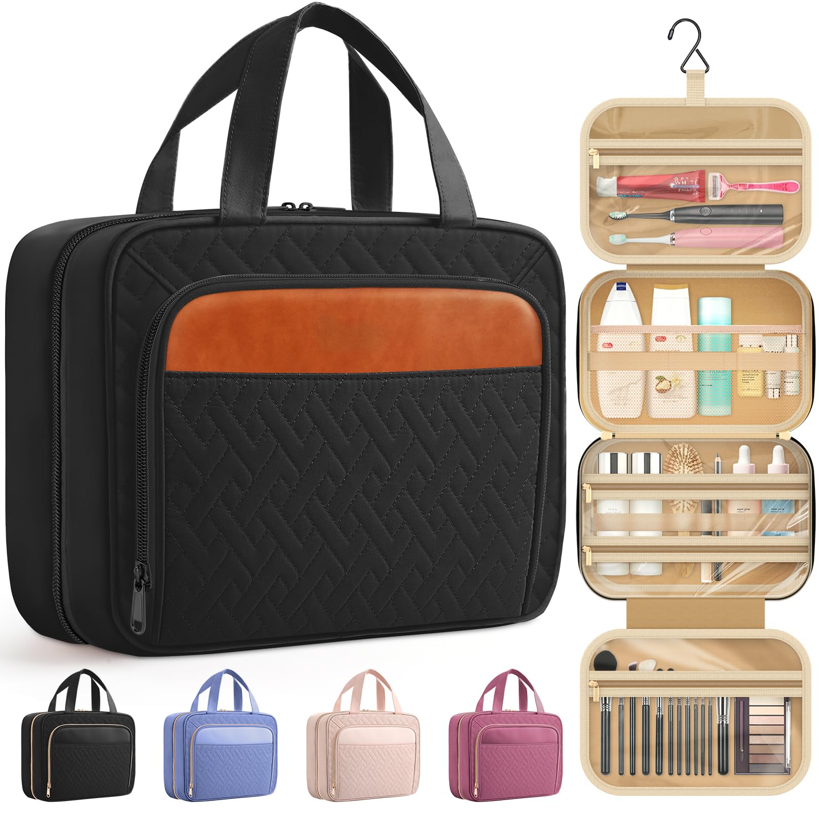 Travel Toiletry Bag for Women & Men, Waterproof Makeup Bag with Hanging Hook and Multiple Pockets, Cosmetic Bags for Women, Travel Essentials, 11.2'' x 3.2'' x 8.9'', Black & Brown