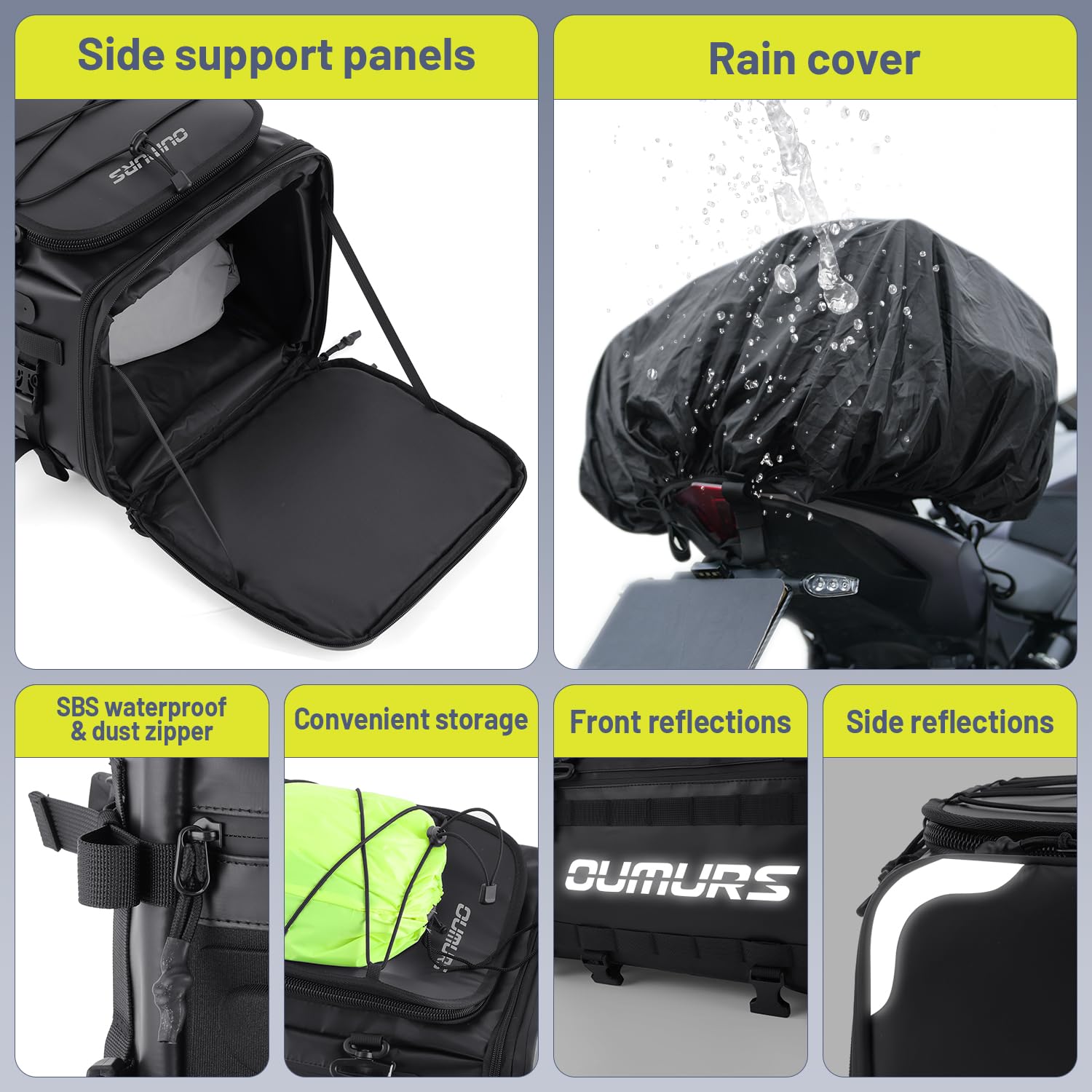 Oumurs 45-60L Expandable Waterproof Motorcycle Tail Bag with Rain Cover & Strap, Reflective All-Weather Trunk Rack Bags, Dual-Use Backpack for Large Capacity Storage, Motorcycle Luggage Rack Bags : Automotive