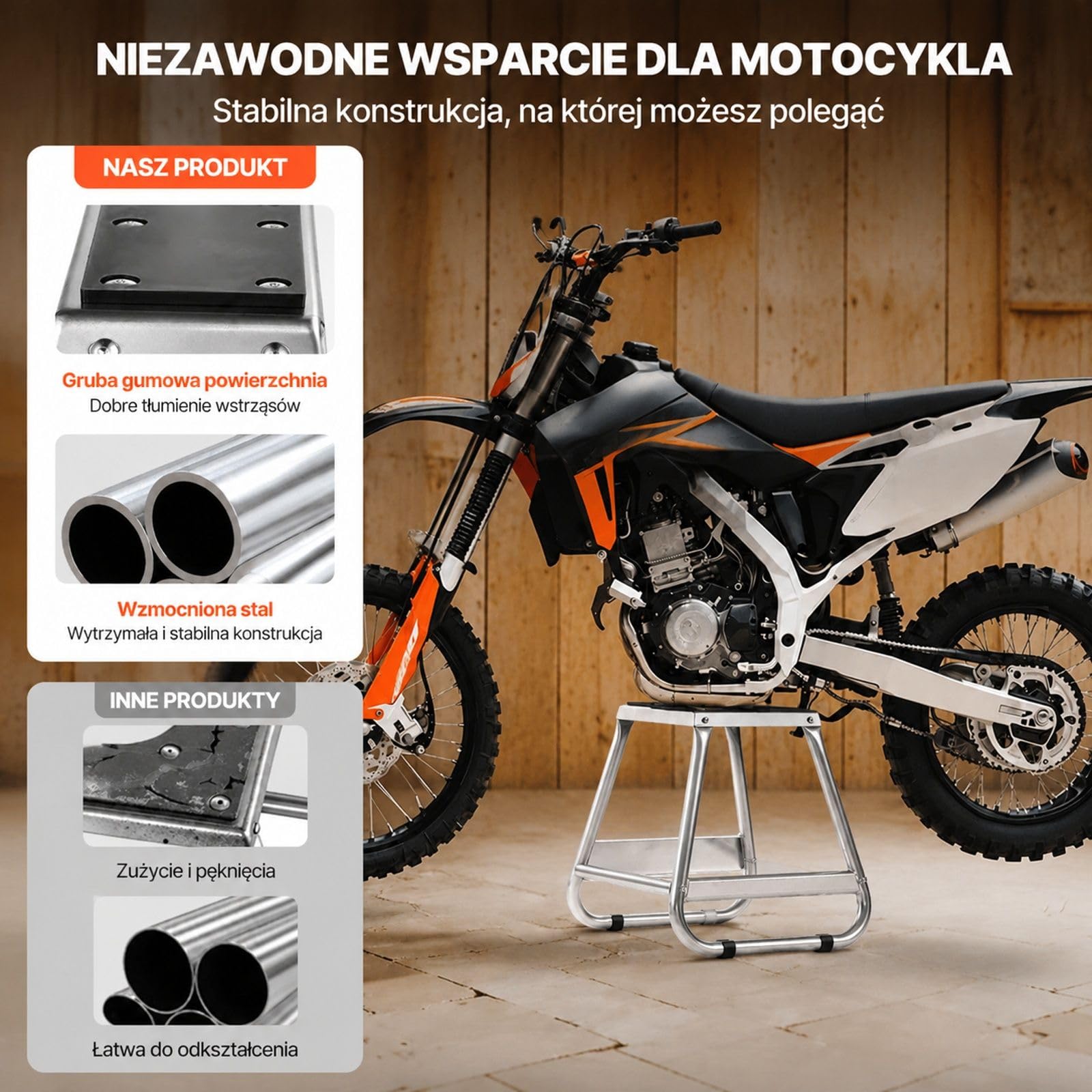 Stojak serwisowy do motocykla terenowego, podnośnik z udźwigiem 498 kg, gumowa platforma i kompaktowe przechowywanie