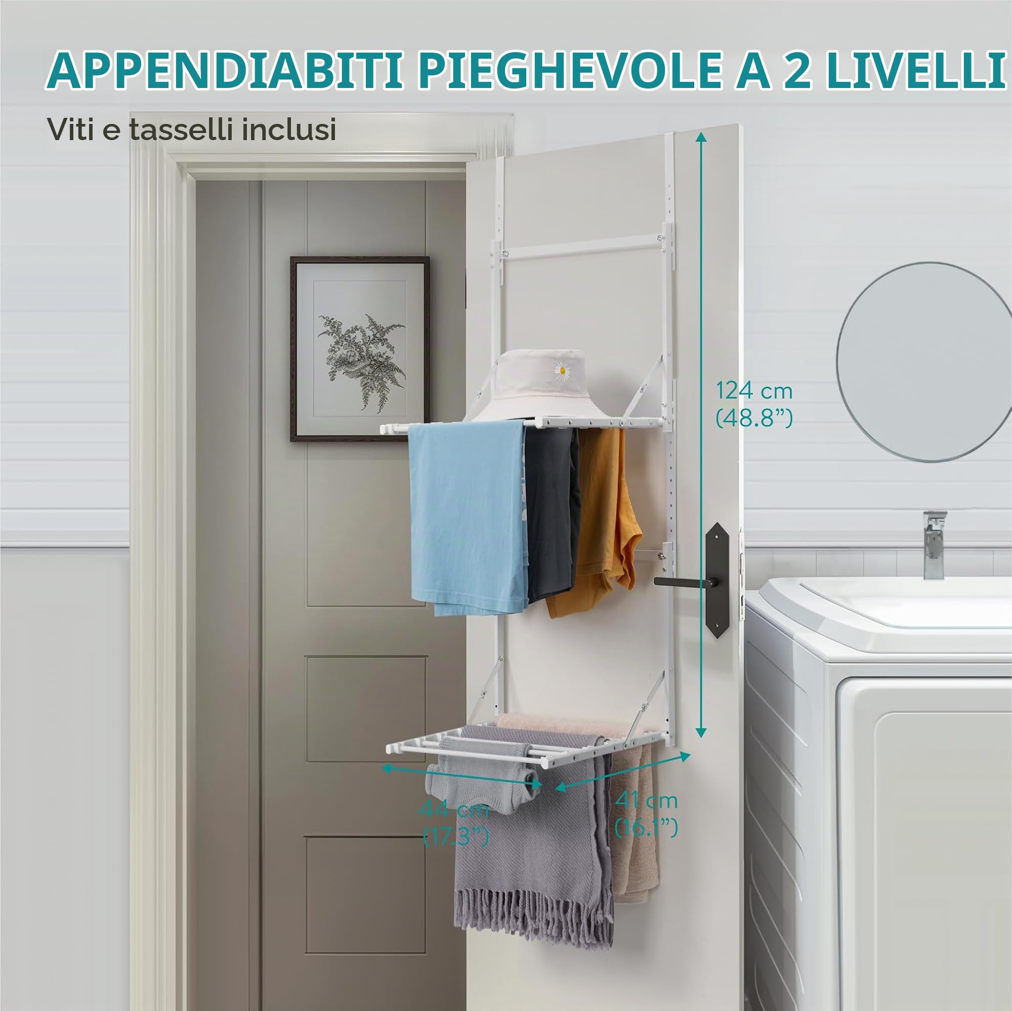 Navaris Stendibiancheria da Parete - Stendino Salvaspazio Pieghevole a 2 Livelli - Stendipanni a Muro o su Porta - Stendi Biancheria Panni - Richiudibile con Altezza Regolabile