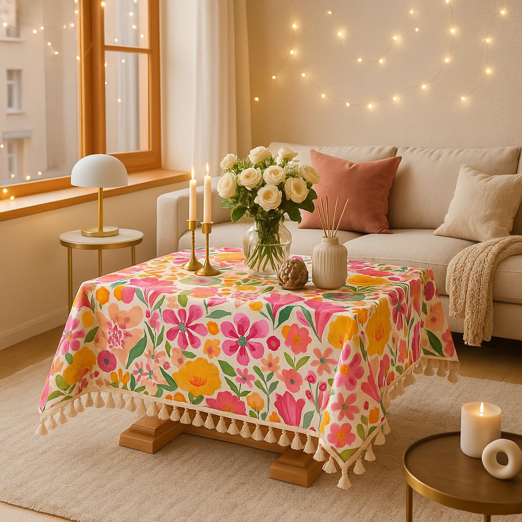 WWW.THROWPILLOW.IN Pink Floral Print Tassel Boho Printed Dining Table Cover Rectangle Shape 52"x 72", Anti Skid Table Cloth for 5 Feet Center Coffee Table Cover|Living Room Diwali Decor 2